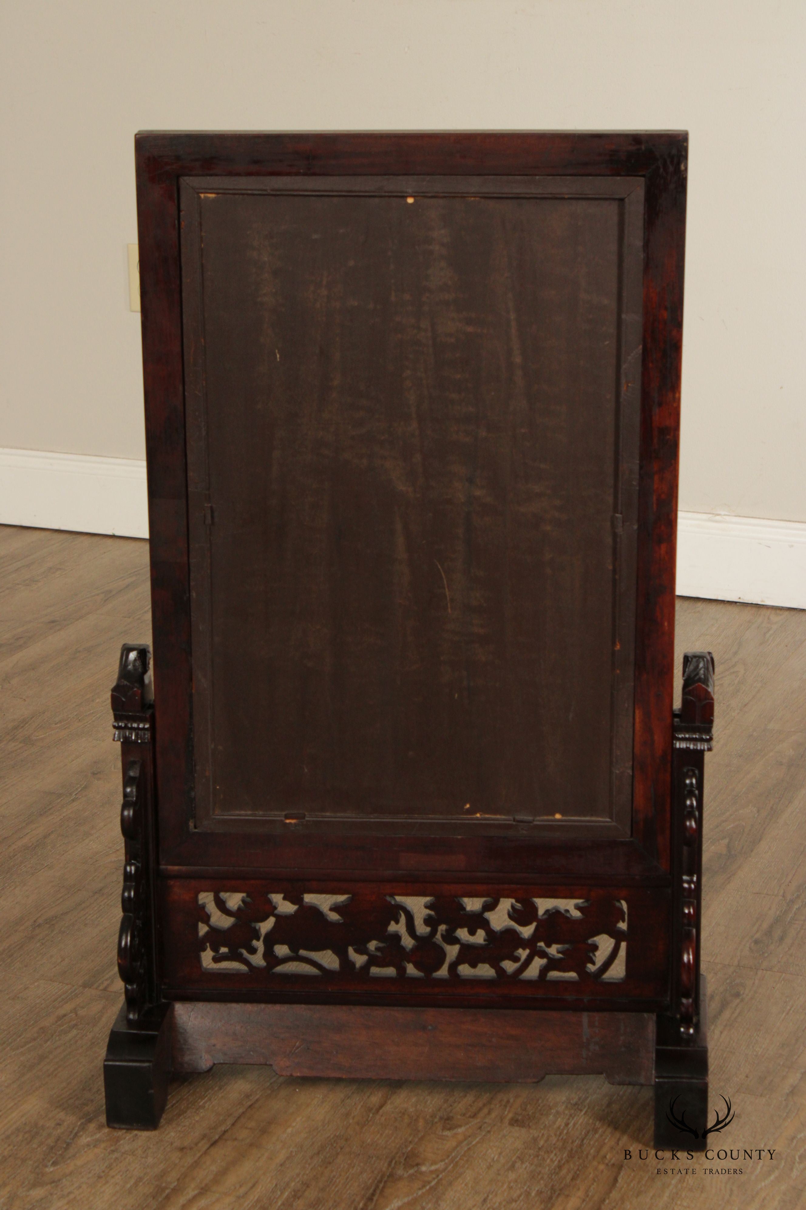Antique Chinese Carved Hardwood Table Screen Mirror