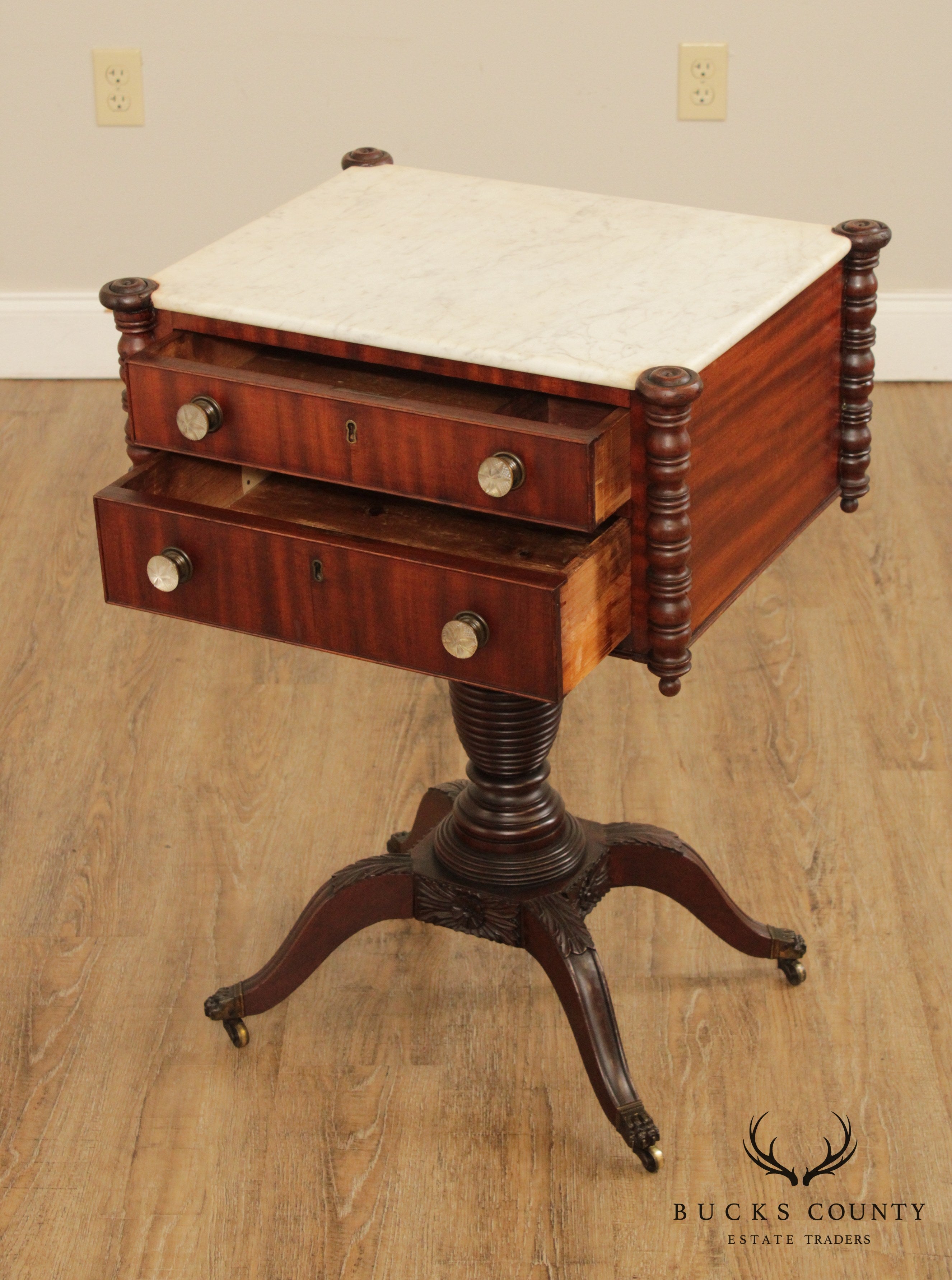 Antique American Federal Period Mahogany Philadelphia Marble Top Work Table