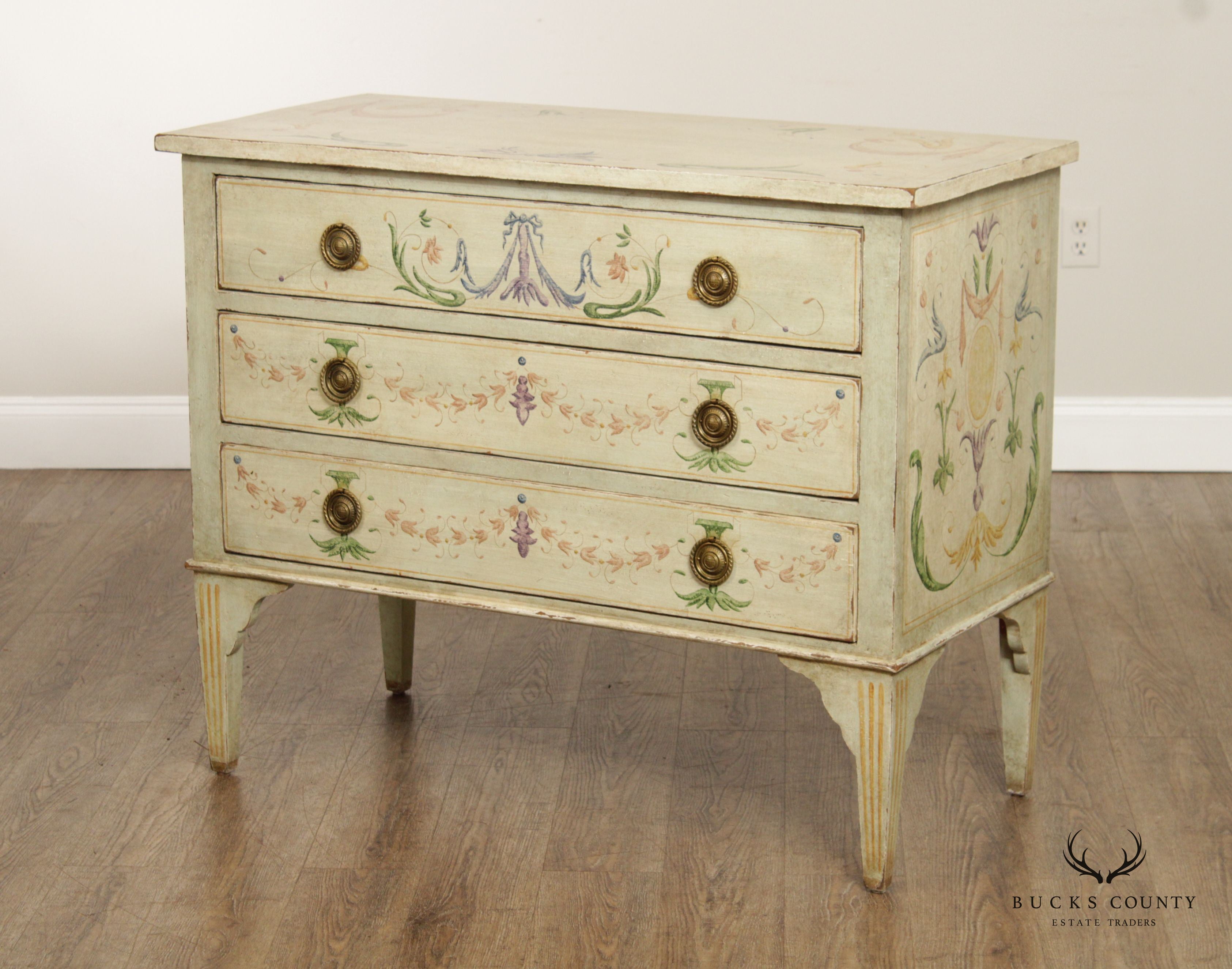 Niermann Weeks Hand Painted Pair Neoclassical Style Commodes