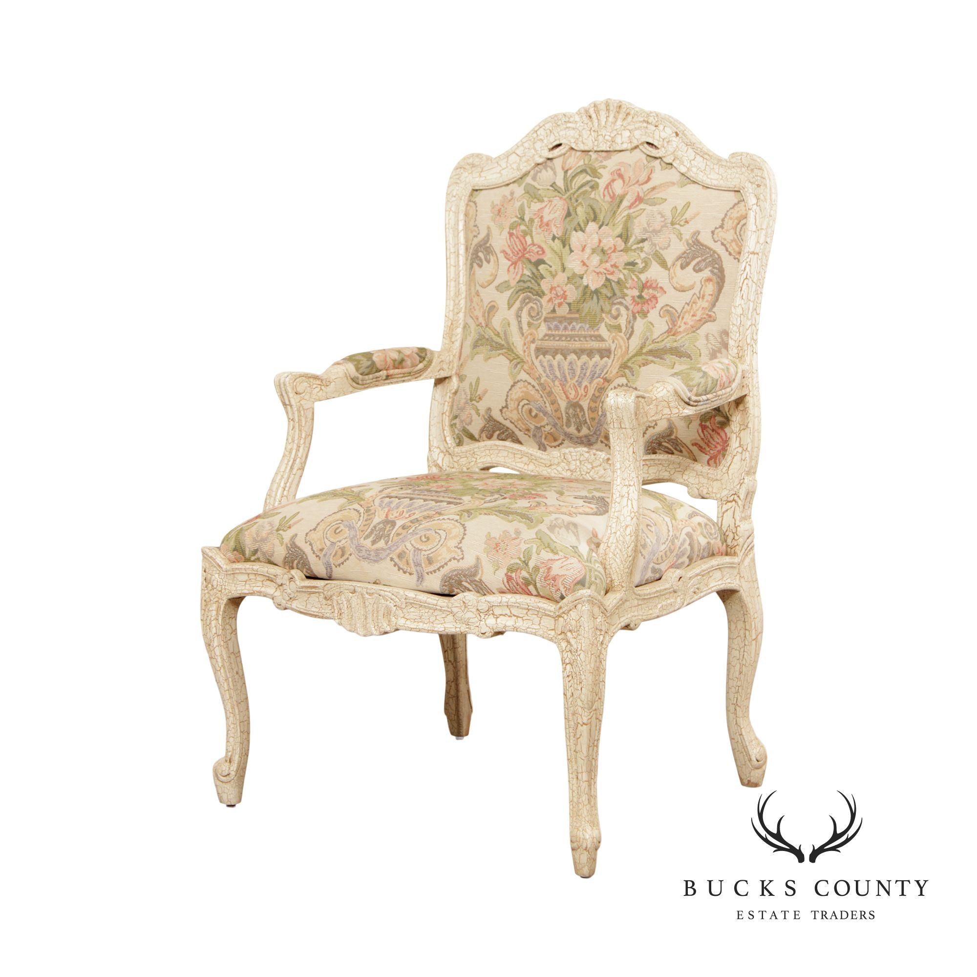 French Louis XV Style Crackle Painted Fauteuil Armchair