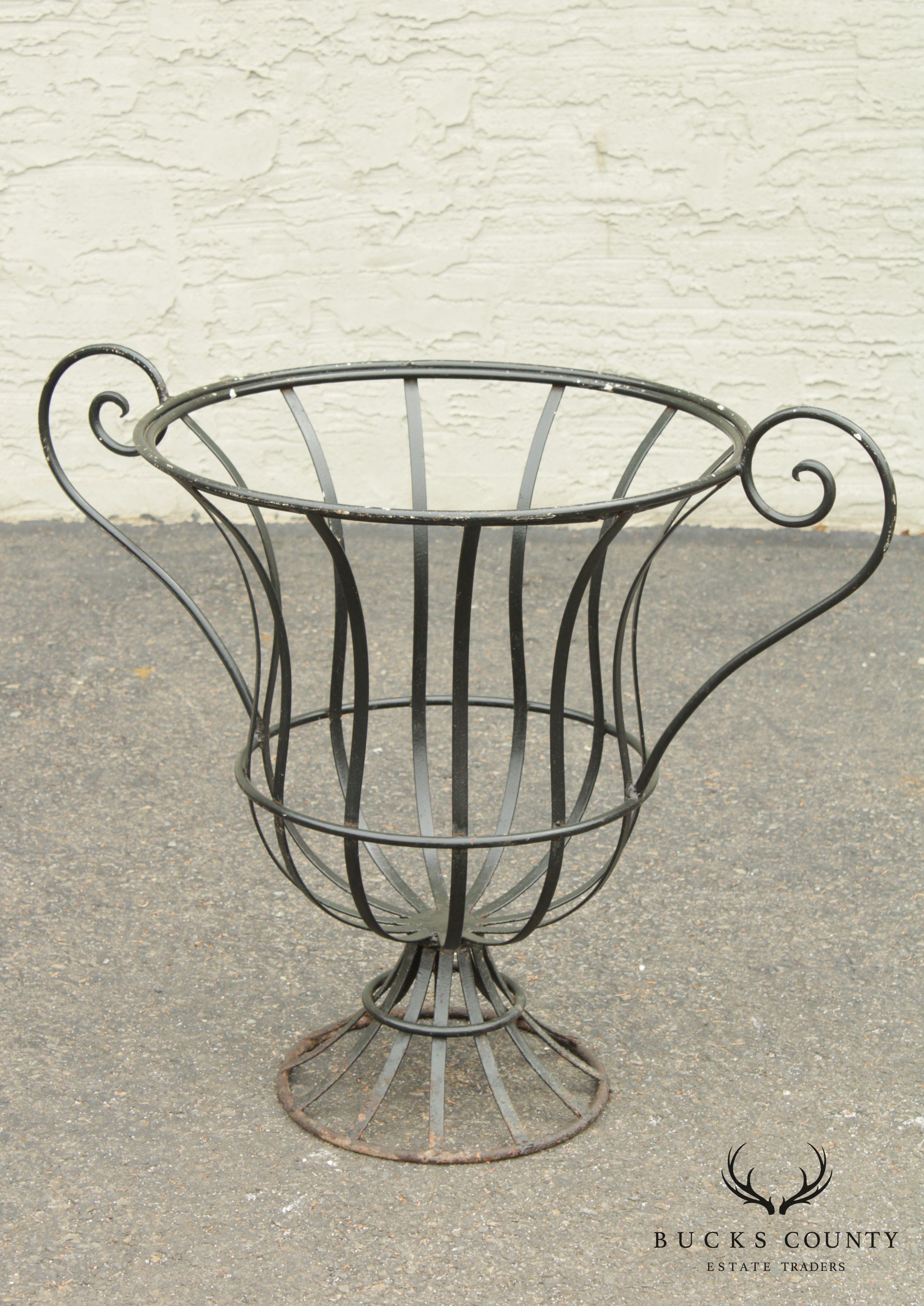 Vintage Pair Wrought Iron Garden Urn Topiary Planters