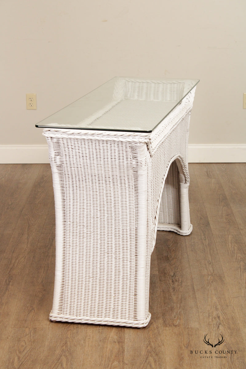 Henry Link Vintage White Wicker and Glass Top Console Table