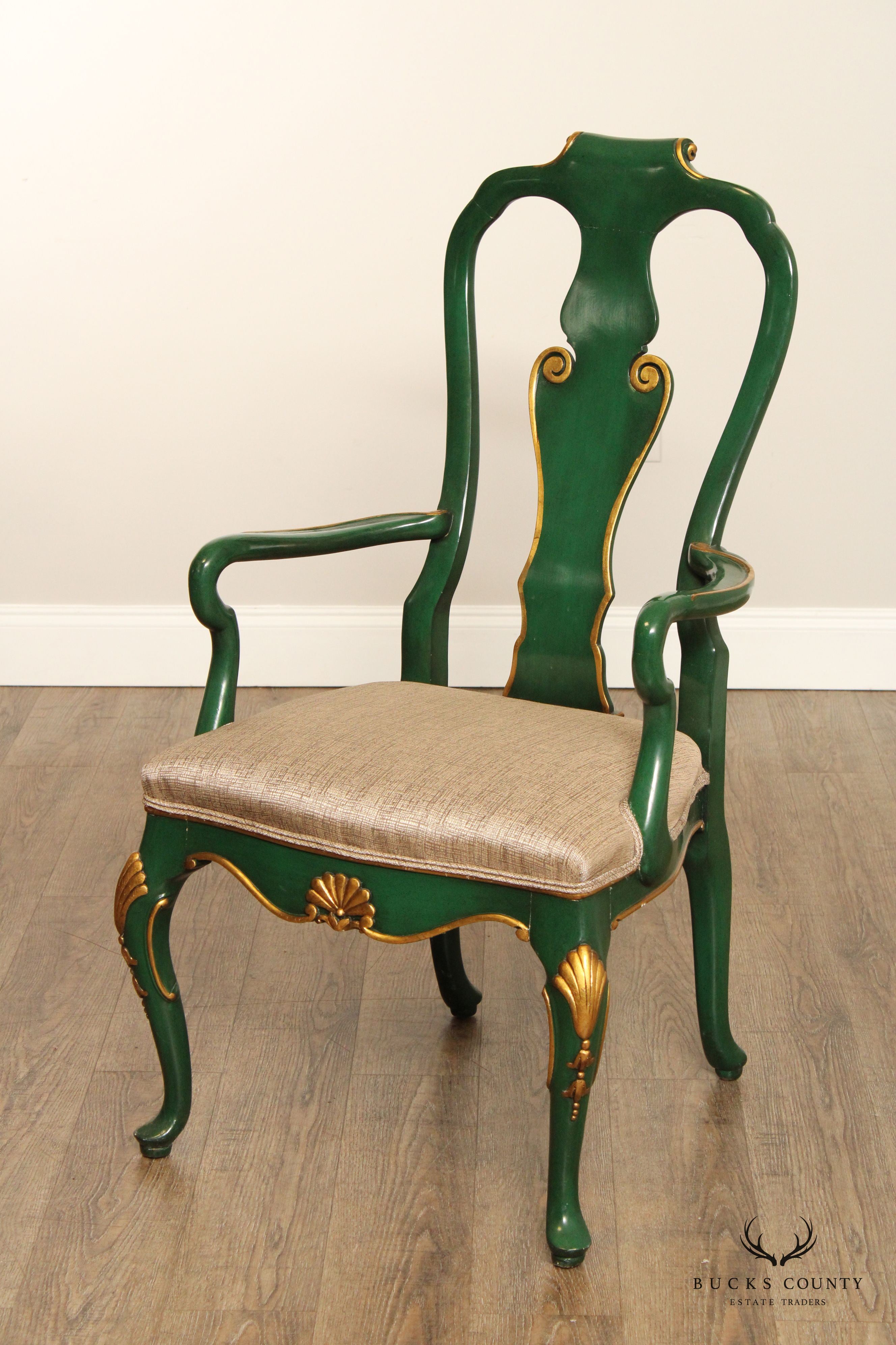 KARGES ROCOCO STYLE GREEN AND GOLD SET OF 12 DINING CHAIRS