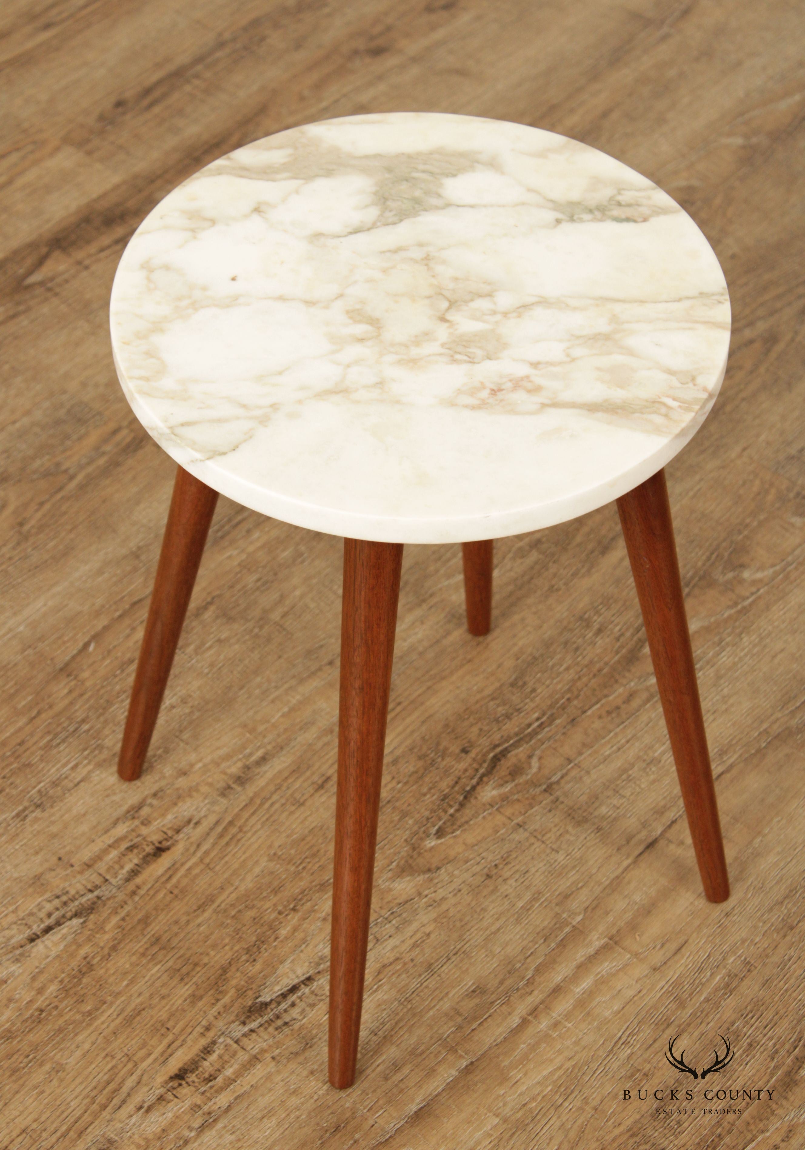 Mid Century Modern Marble Top Walnut Plant Stand or Side Table