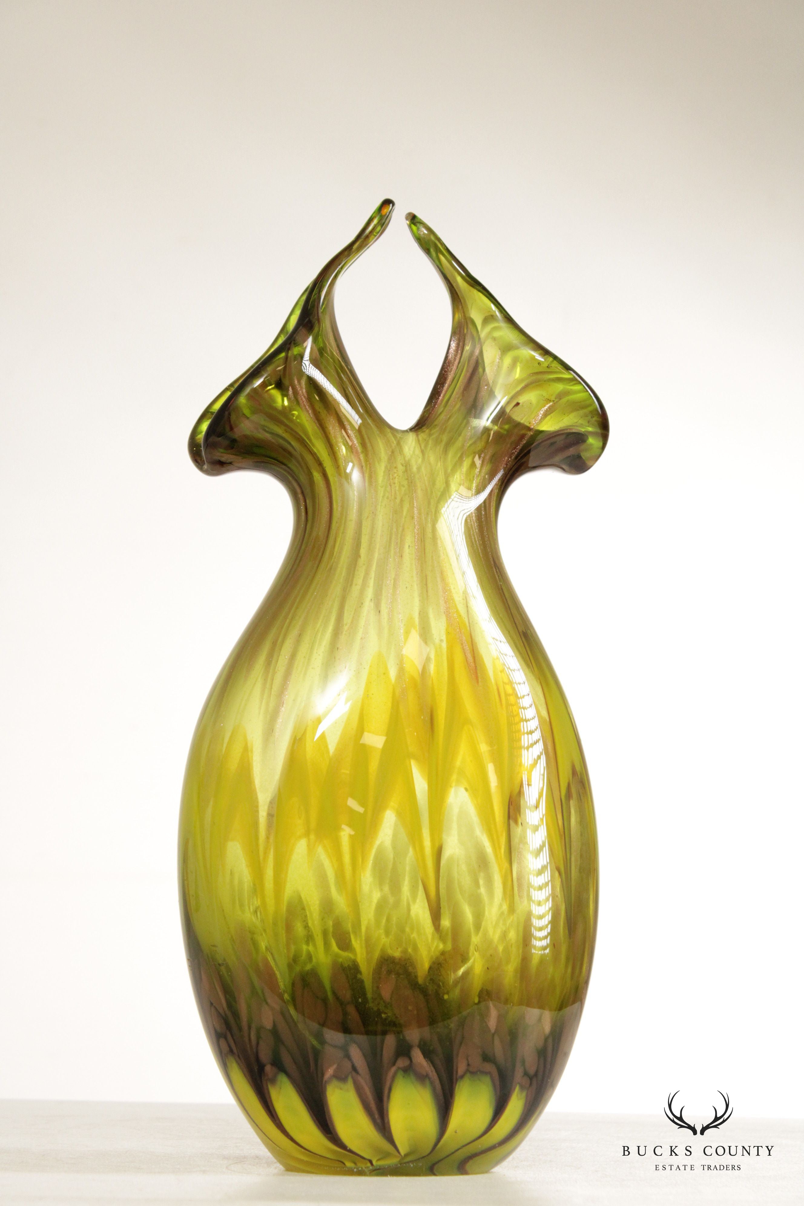 Mid Century Modern Hand Blown Green Art Glass Vase