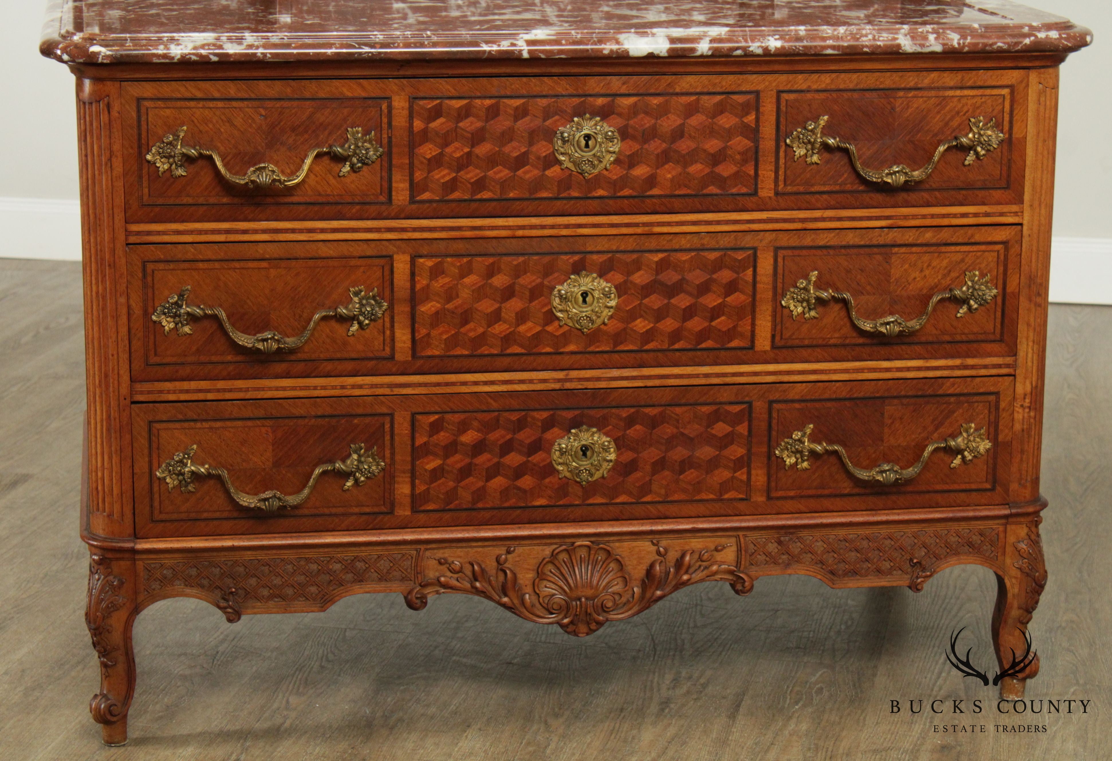 Fine Antique French Louis XV Walnut Marble Top Parquetry Inlaid Commode Wash Stand