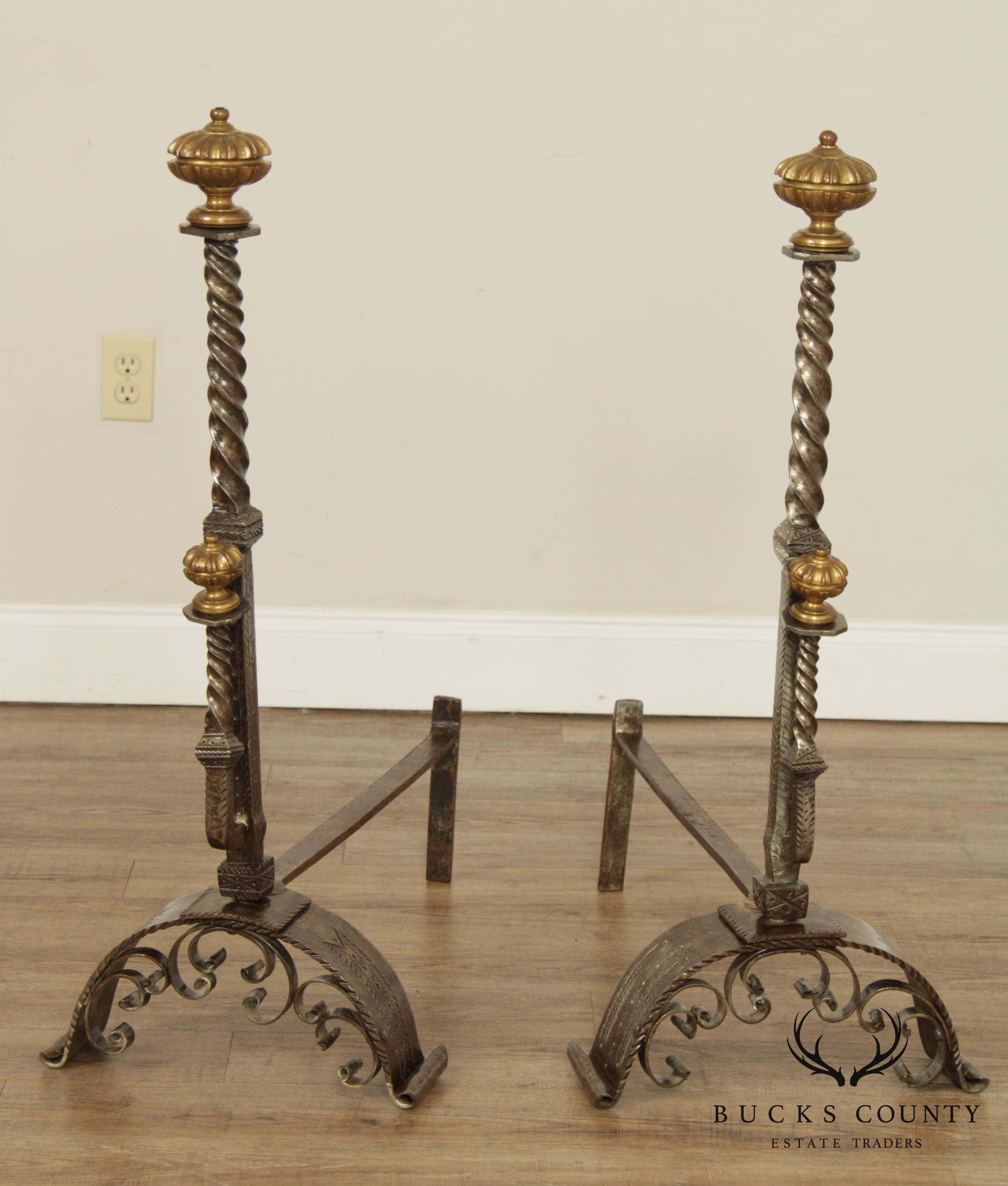 Antique Aesthetic Movement Pair of Tall Brass & Iron Andirons