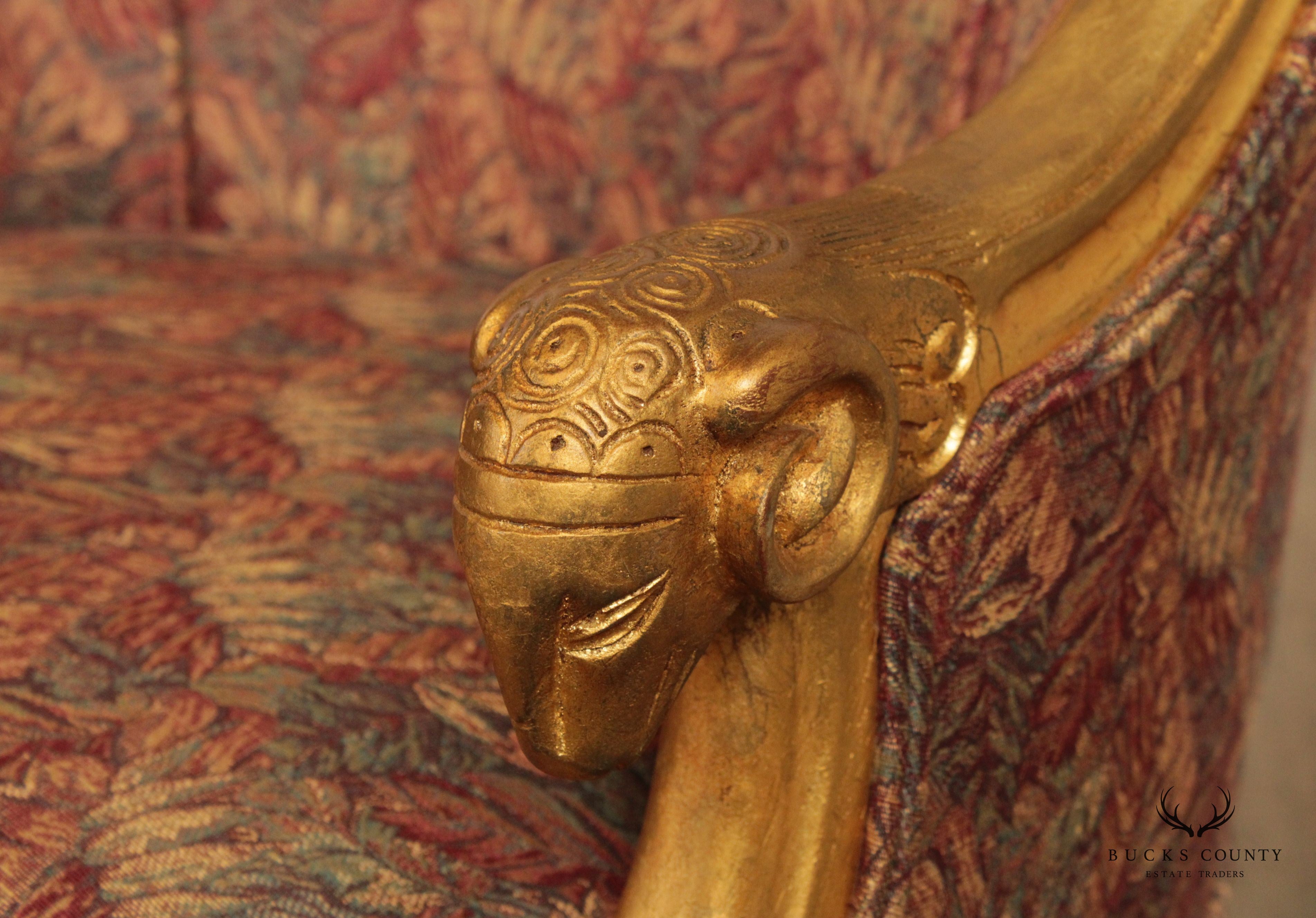 French Empire Style Gilt Rams Head Pair Barrel Club Chairs