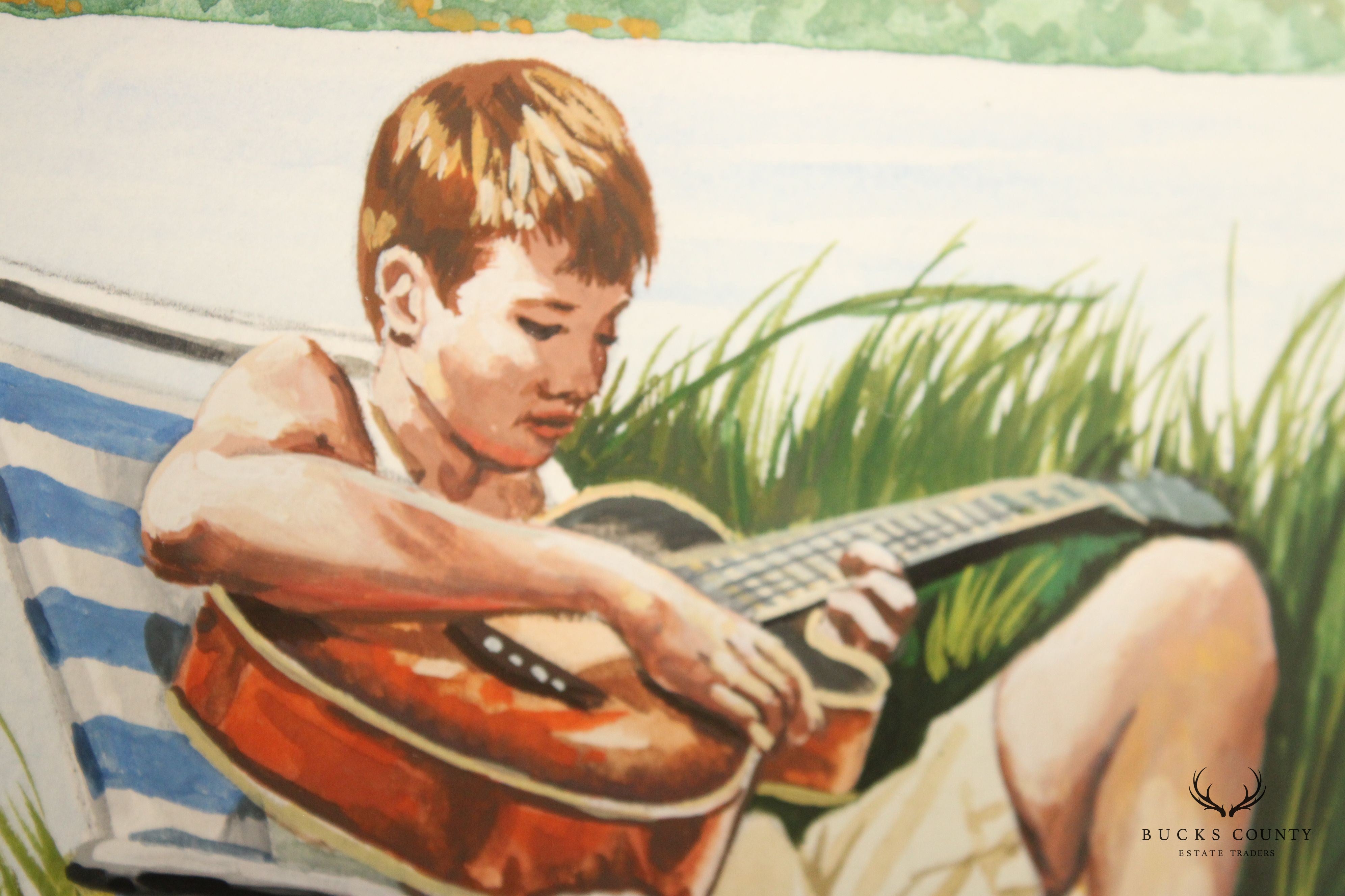 Tom Kinney 2001 Boys Playing Guitar Original Painting, Custom Framed