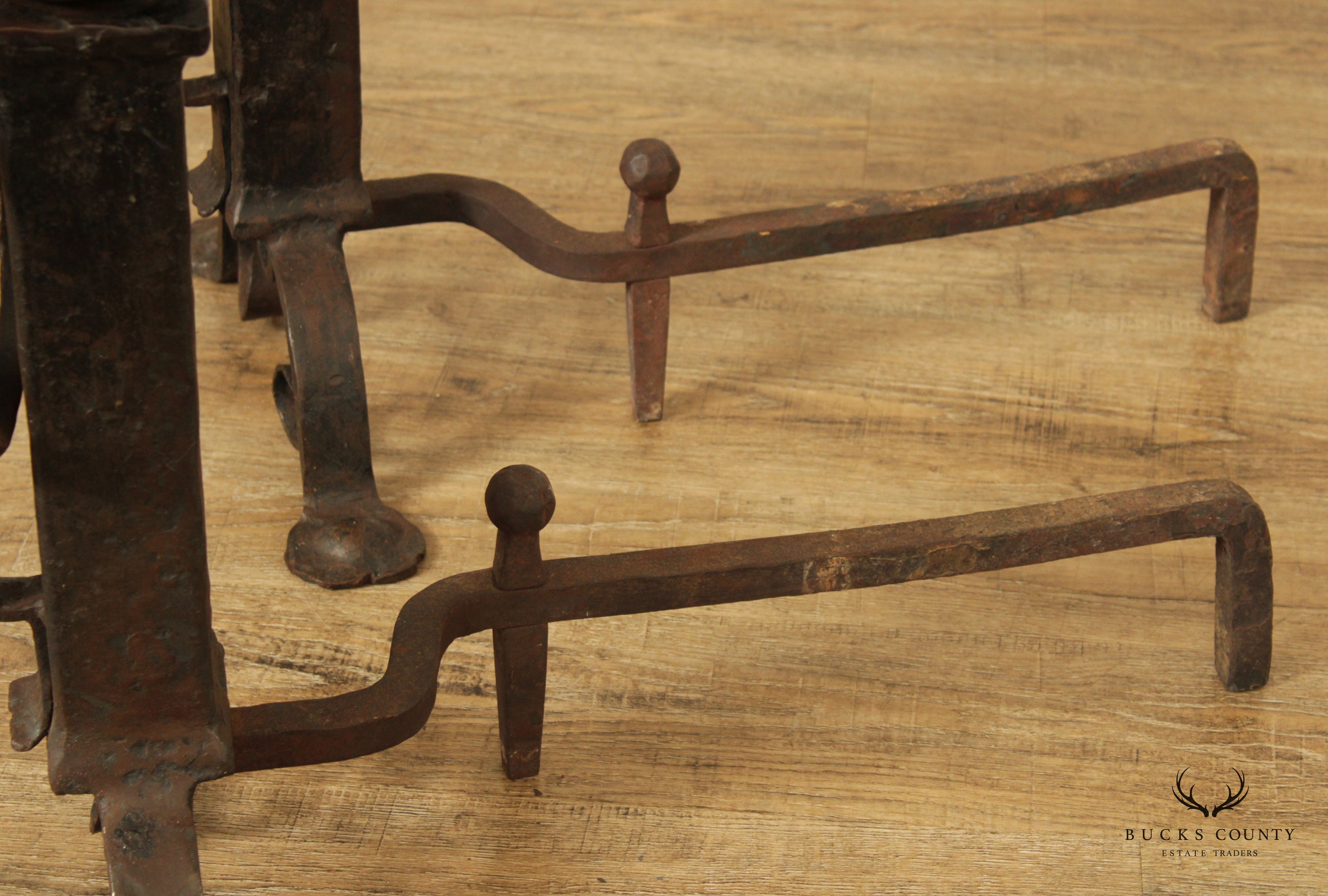 Arts & Crafts Antique Pair of Wrought Iron Andirons