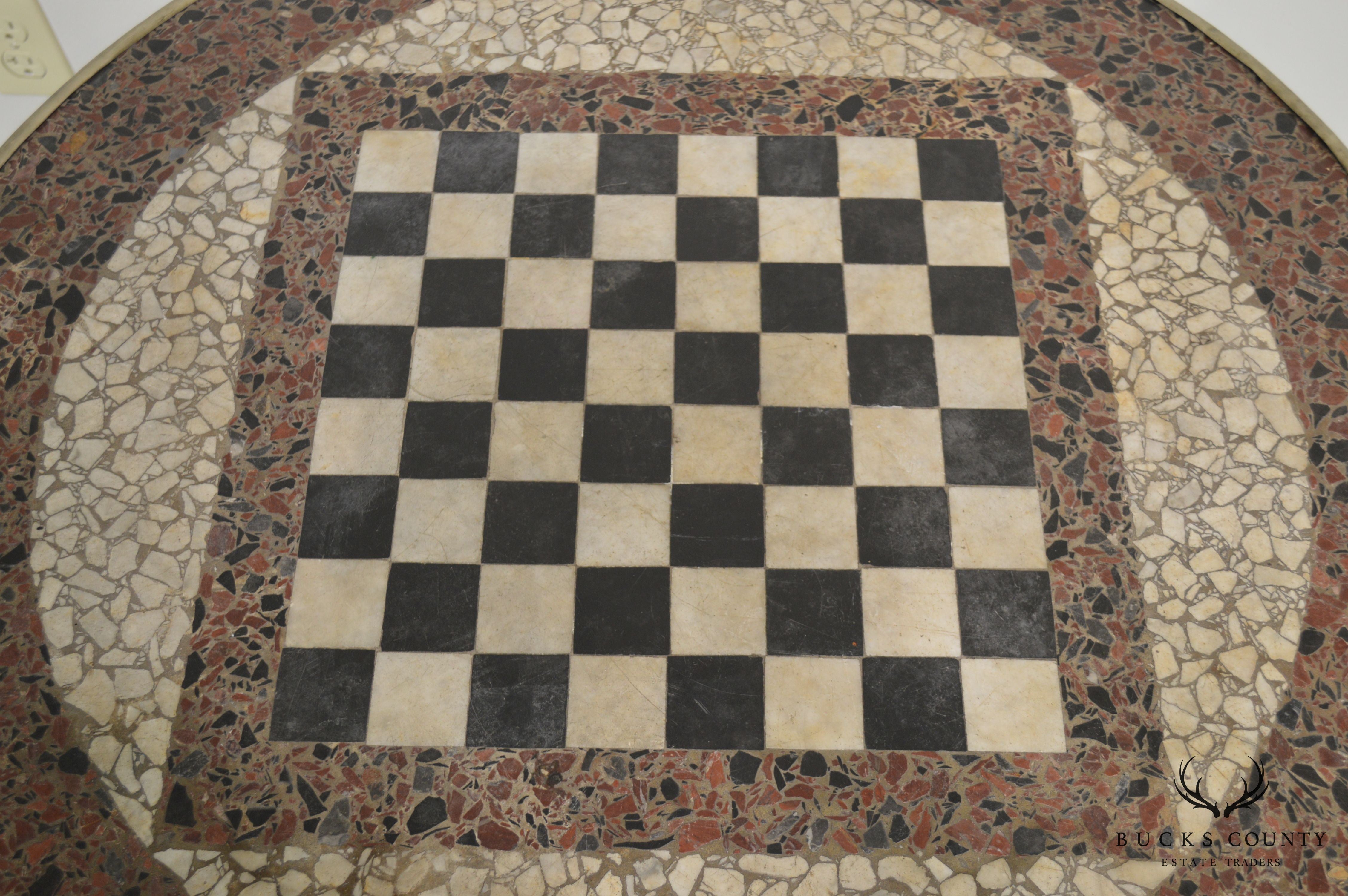 Antique French Napoleonic Round Inlaid Stone Top Tole Painted Gueridon Gaming Table