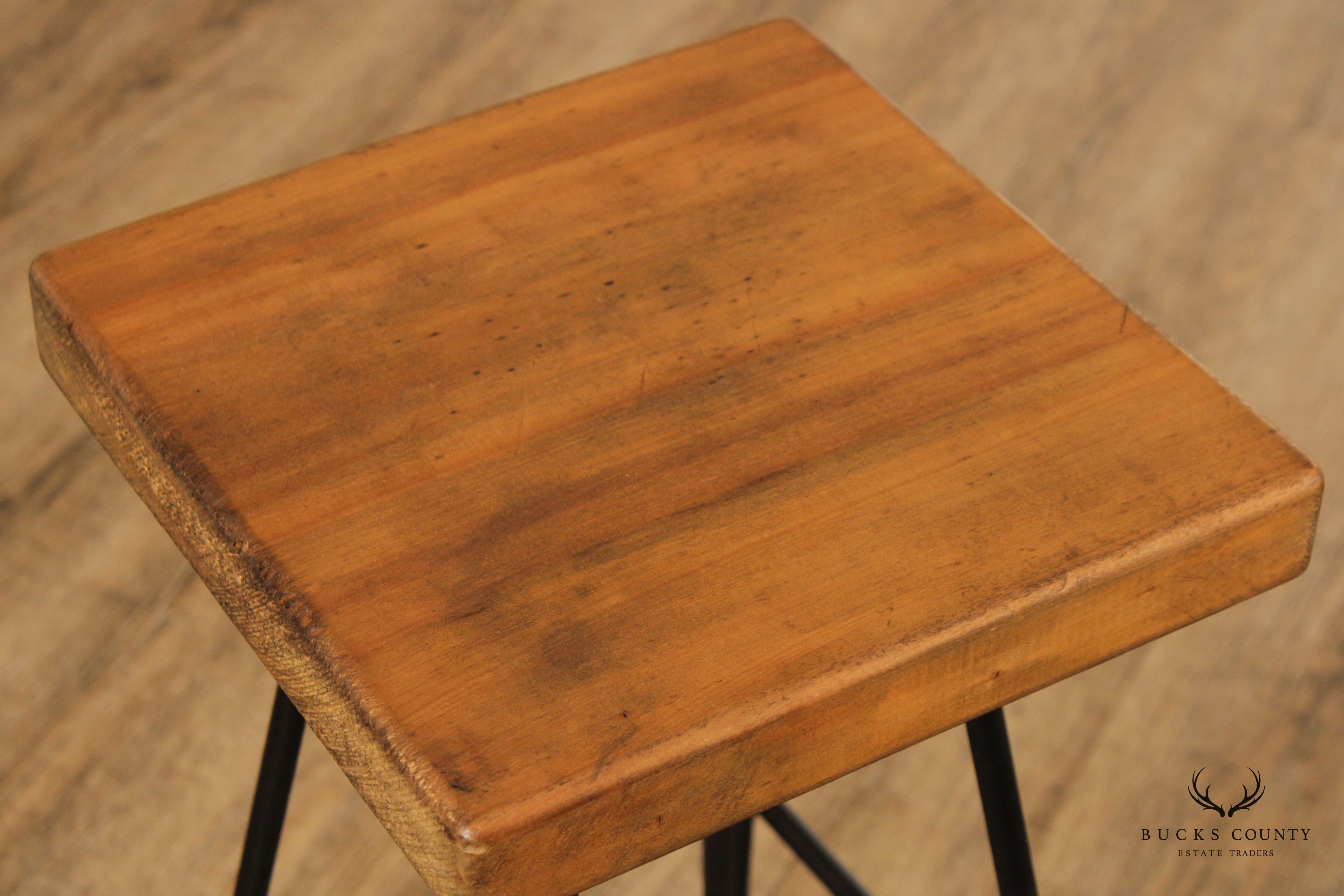 Industrial Midcentury Modern Style Wrought Iron & Wood Drafting or Bar Stool