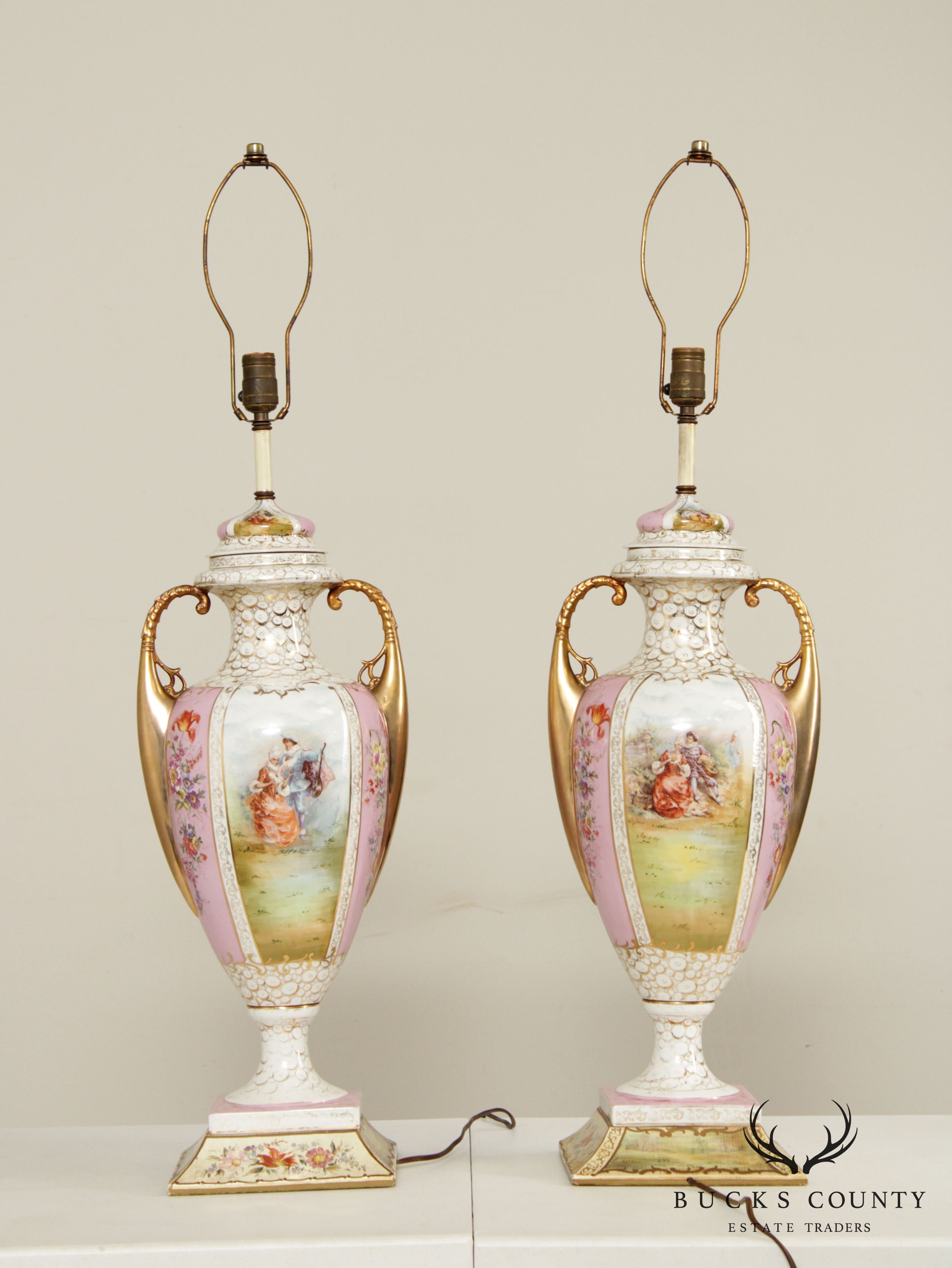 Louis XVI Style Hand Painted Porcelain Urn Form Pair Table Lamps