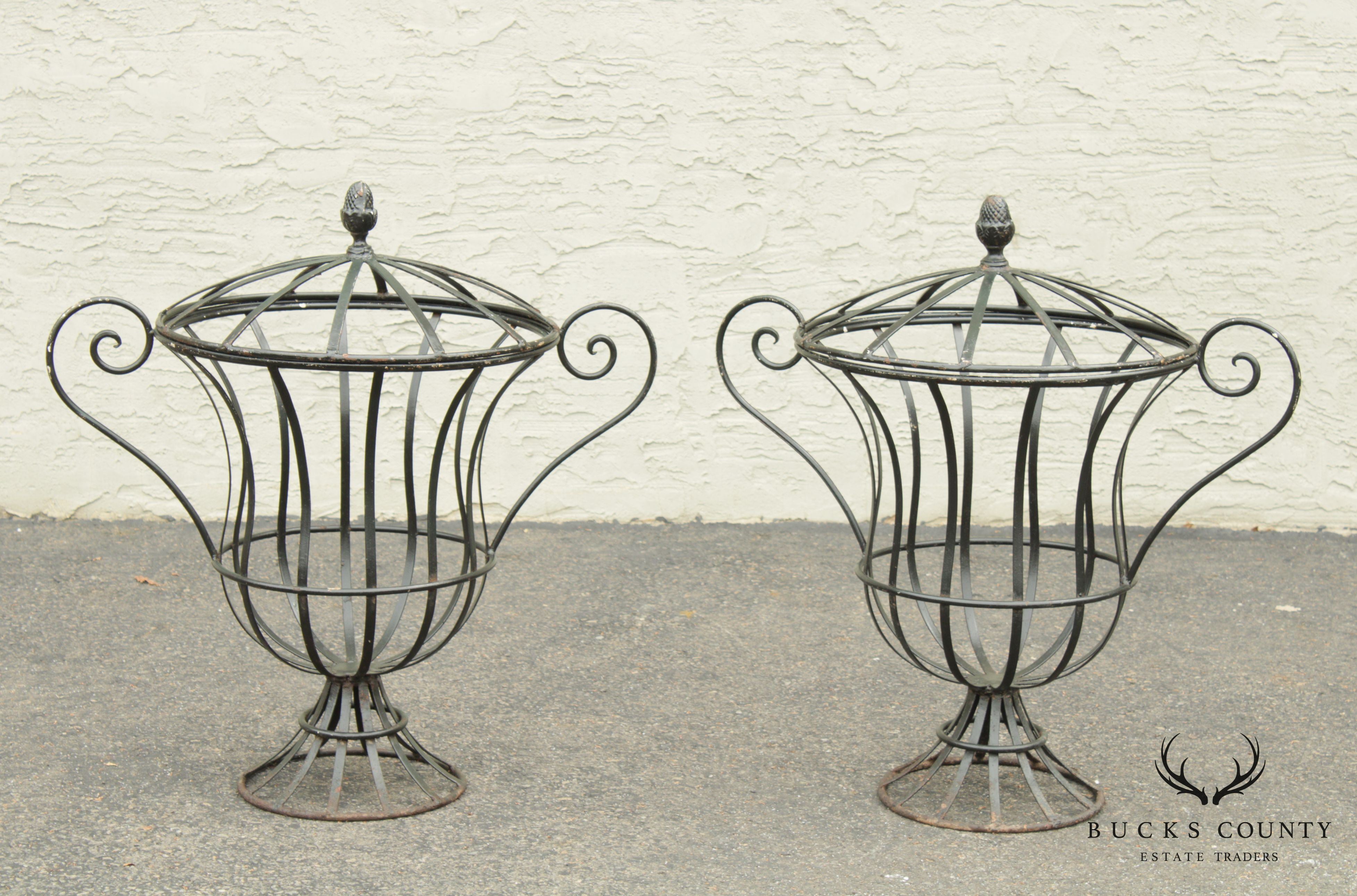 Vintage Pair Wrought Iron Garden Urn Topiary Planters