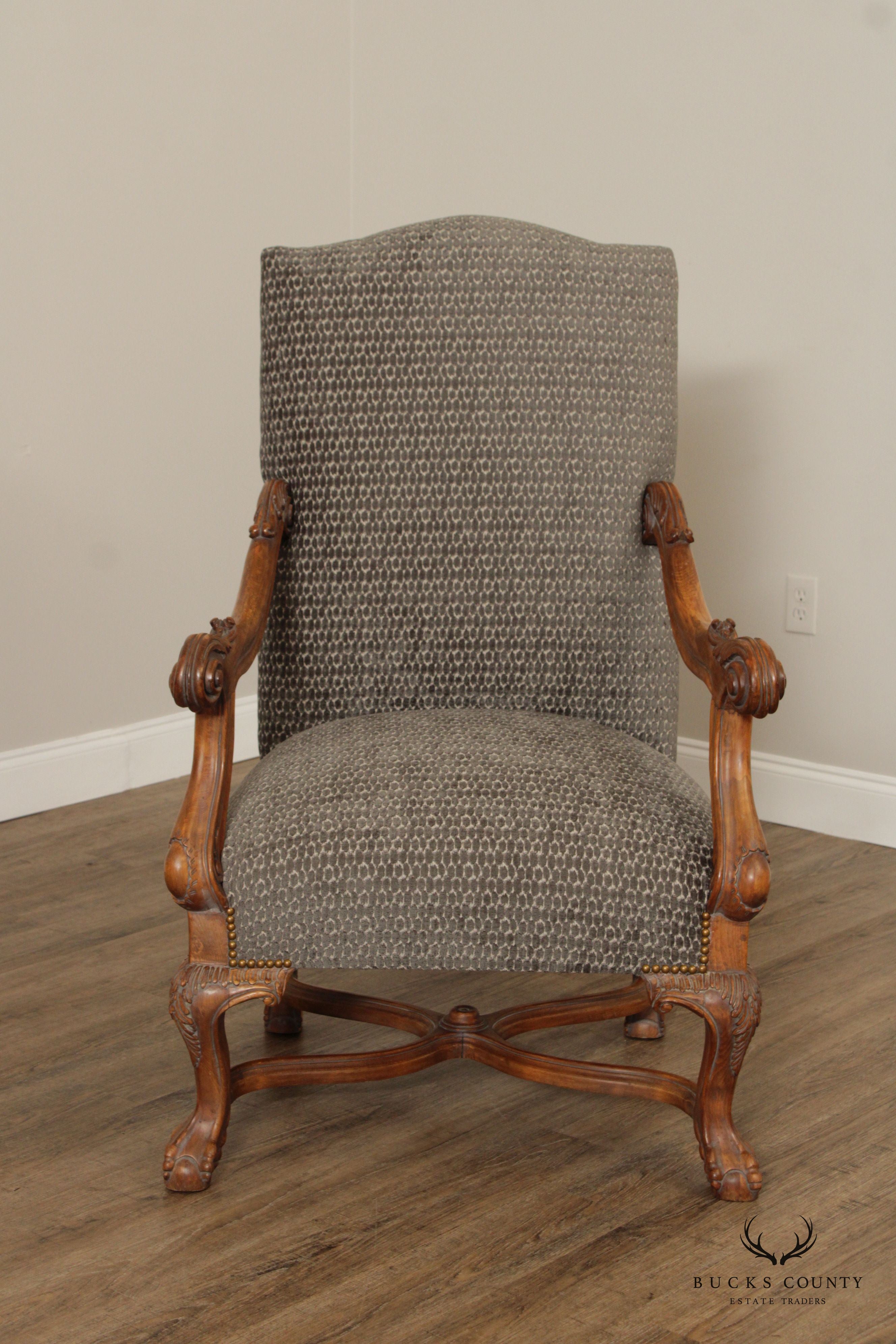 French Renaissance Revival Style Quality Pair of Carved And Upholstered Armchairs