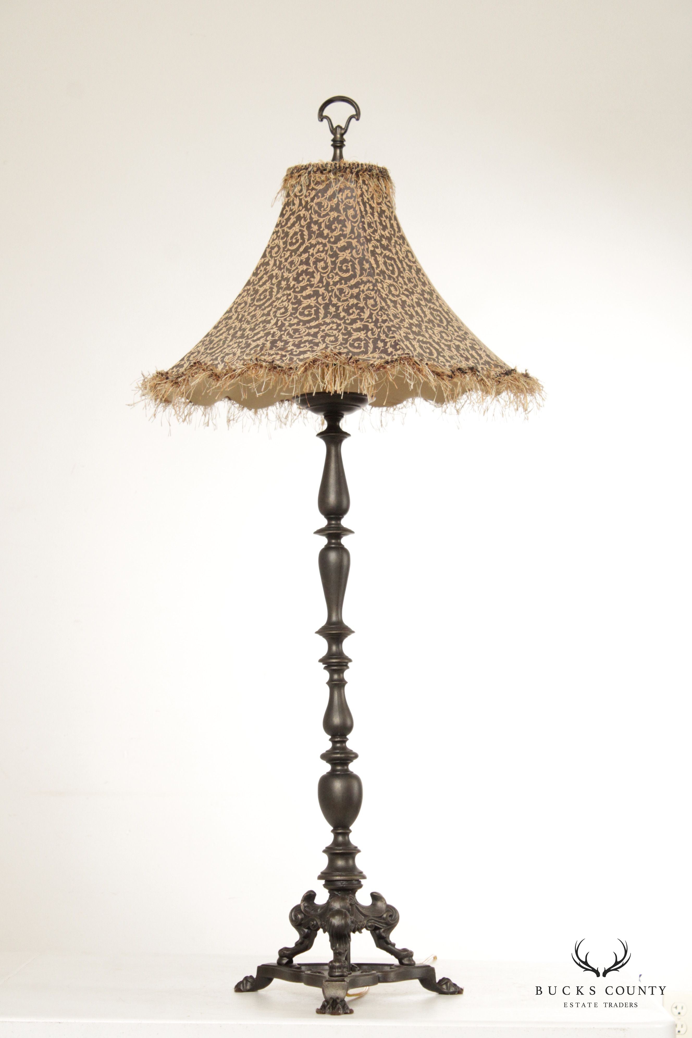 Baroque Style Pair Tall Cast Bronzed Metal Candlestick Lamps with Custom Feather Shades