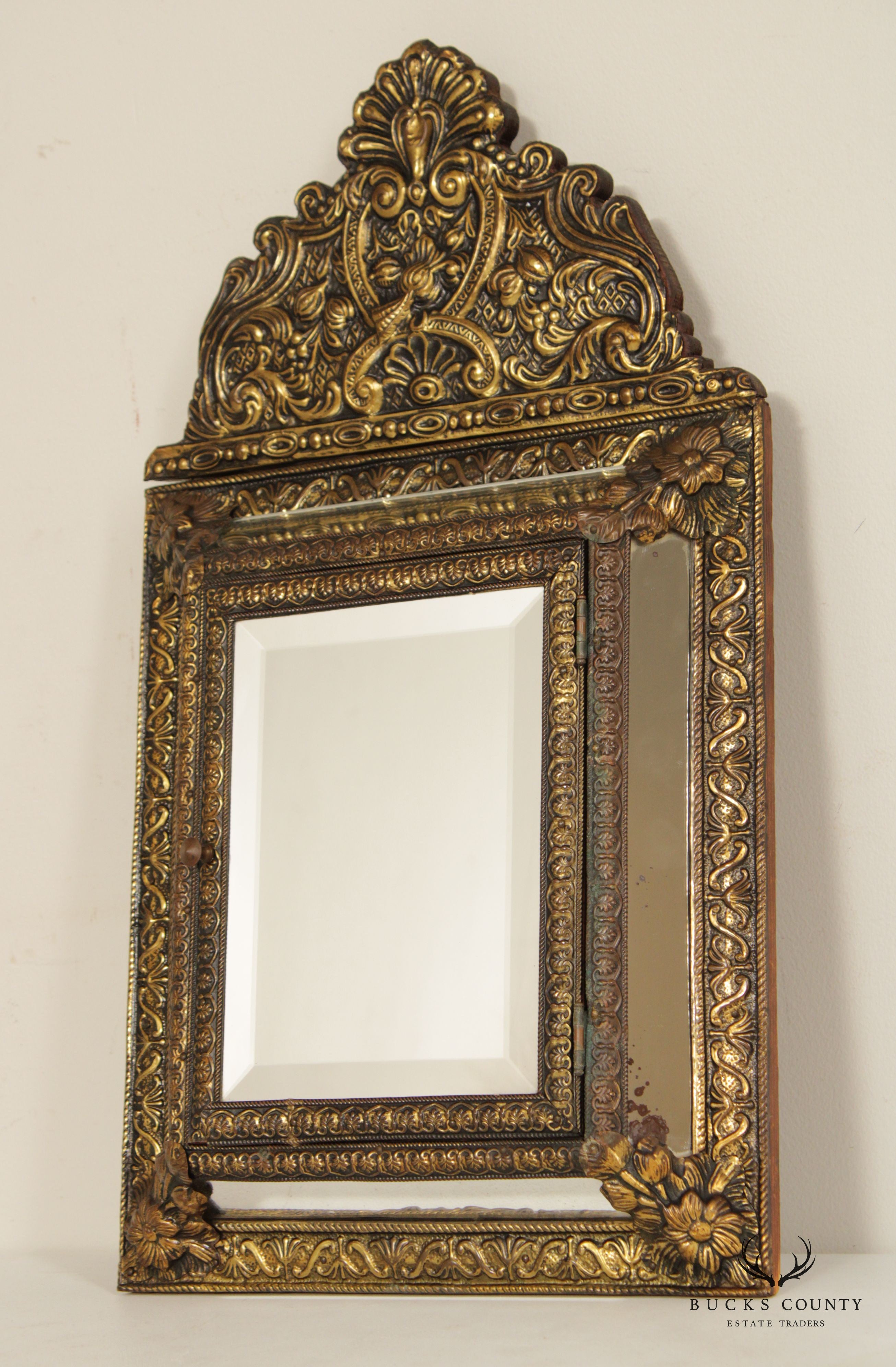 Antique French Repousse Brass Wall Mirror Cabinet