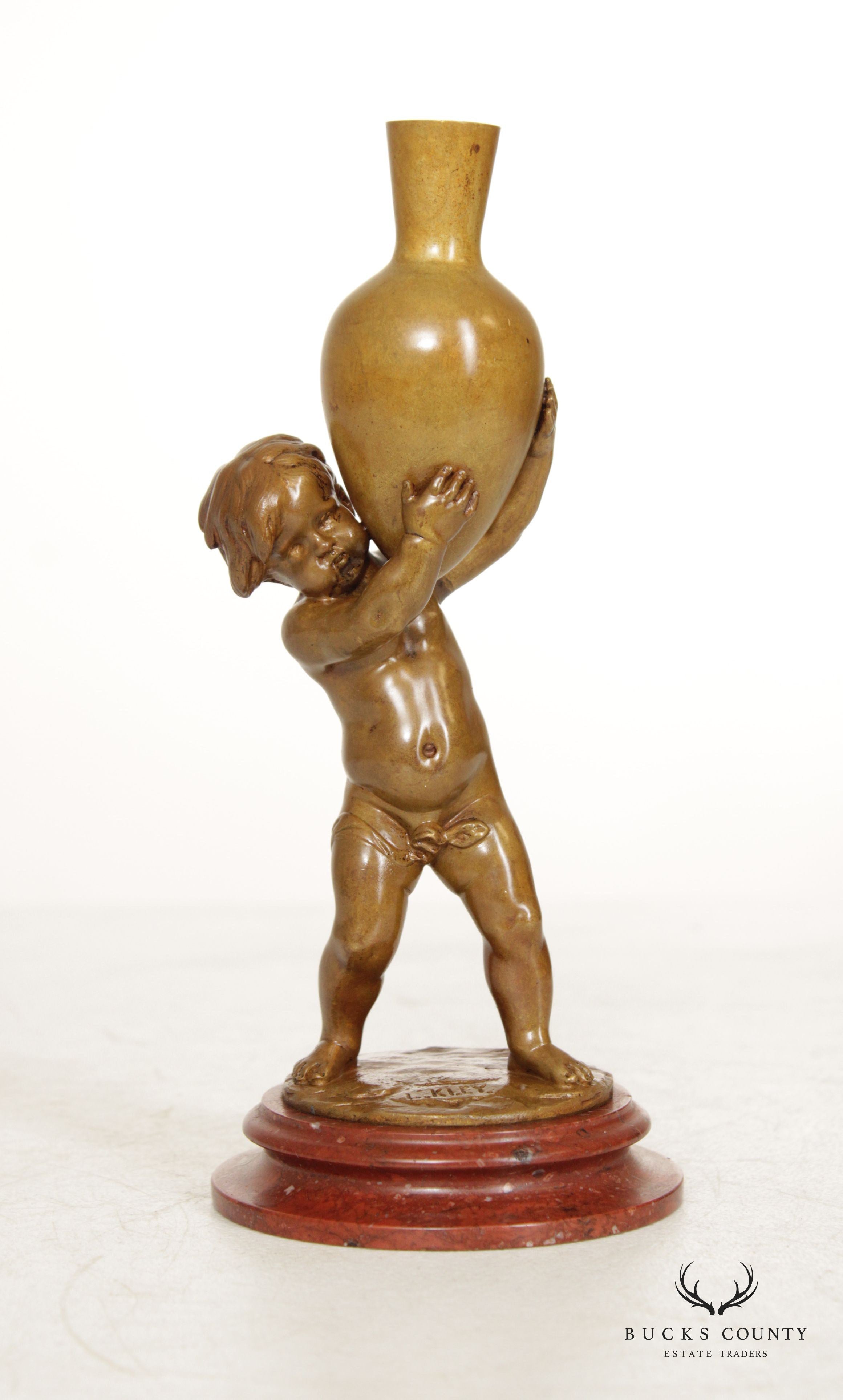 Louis Kley Art Nouveau Bronze Sculpture, Boy with Urn Signed