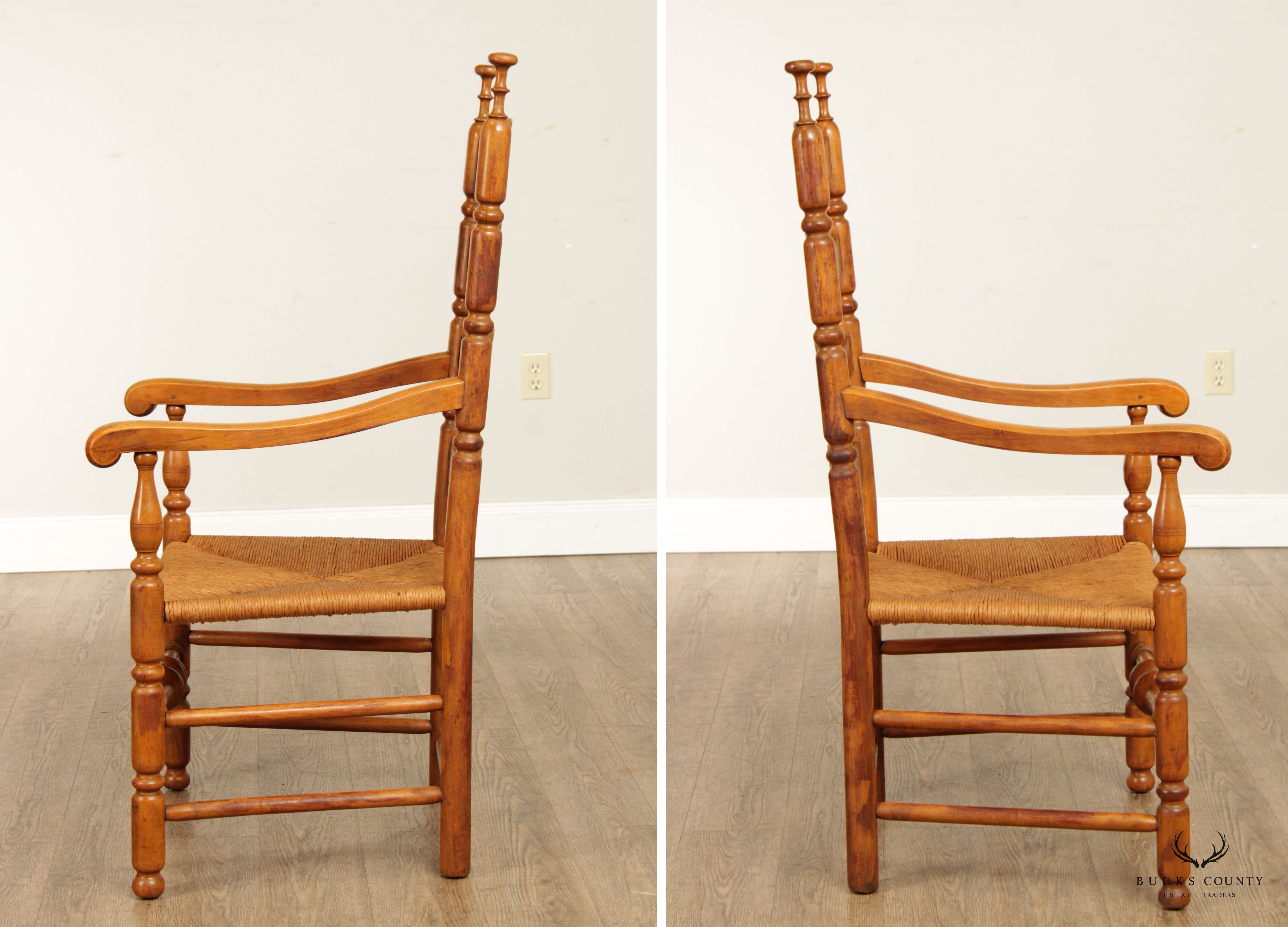 Antique Set of Four Delaware Valley Ladderback Rush Seat Armchairs