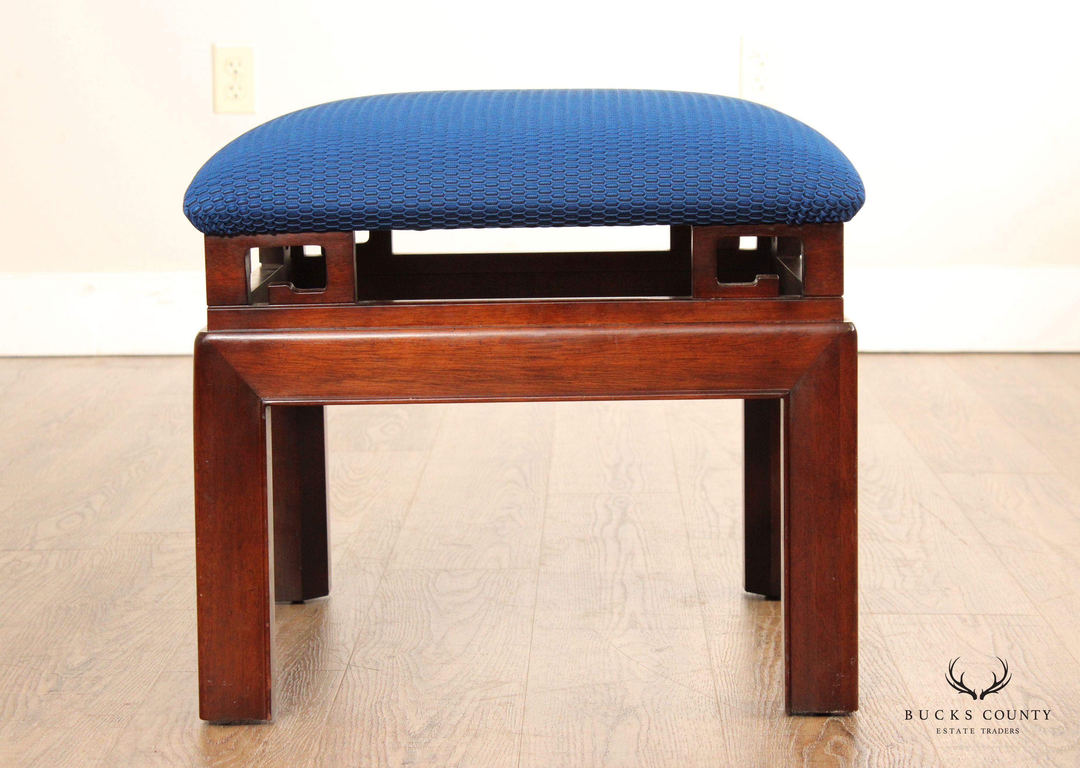 Asian Inspired Pair of Carved Mahogany Upholstered Stools