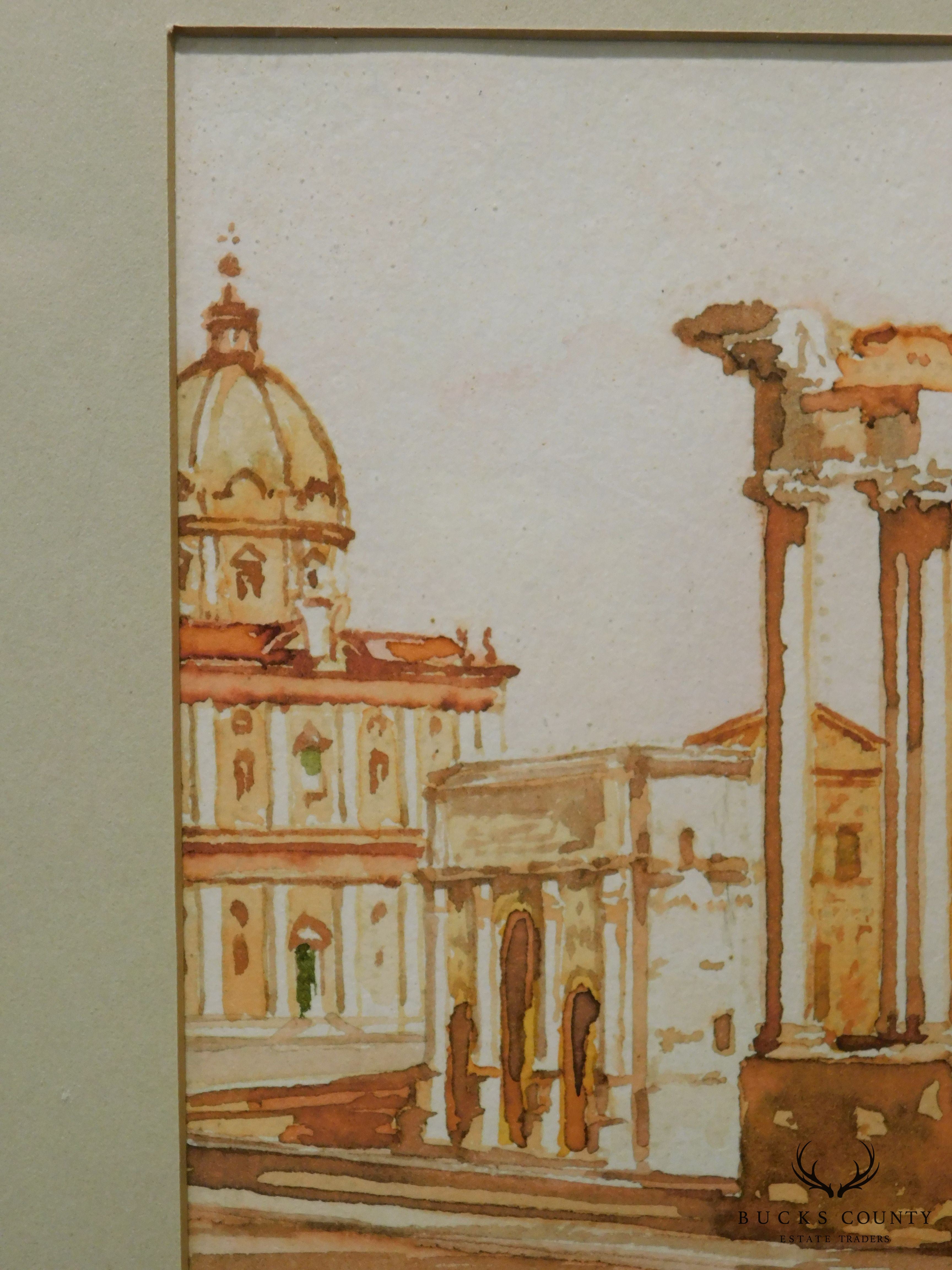 Vintage Roman Ruins Watercolor Painting Signed Bollazzi