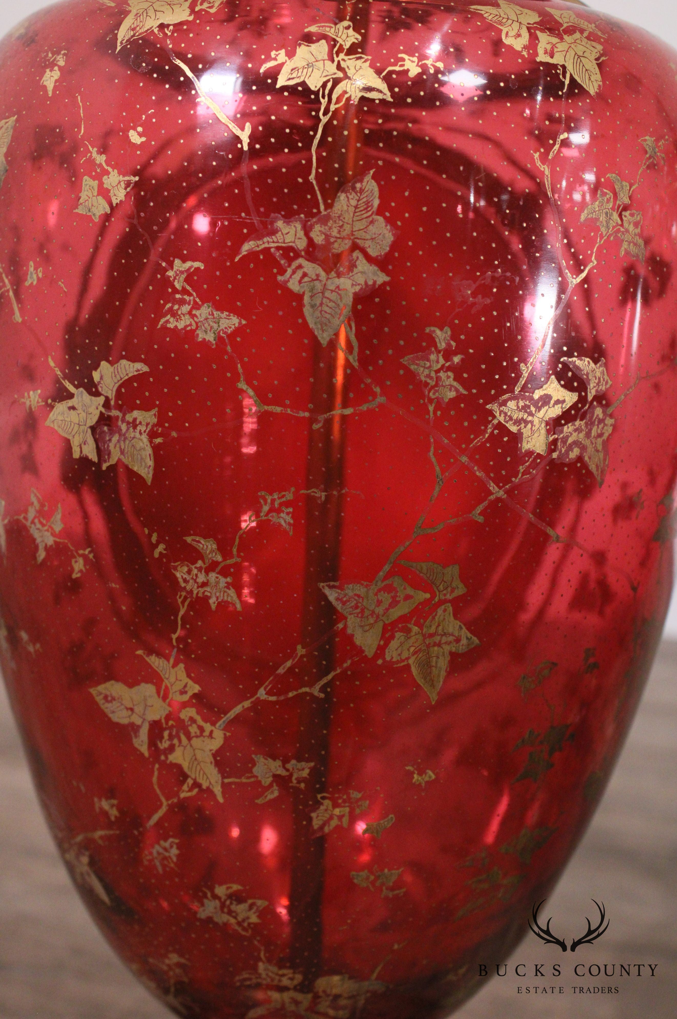 Pair Large Bohemian Red Glass Vase Lamps Overlaid with Gilt Ivy and Decoration