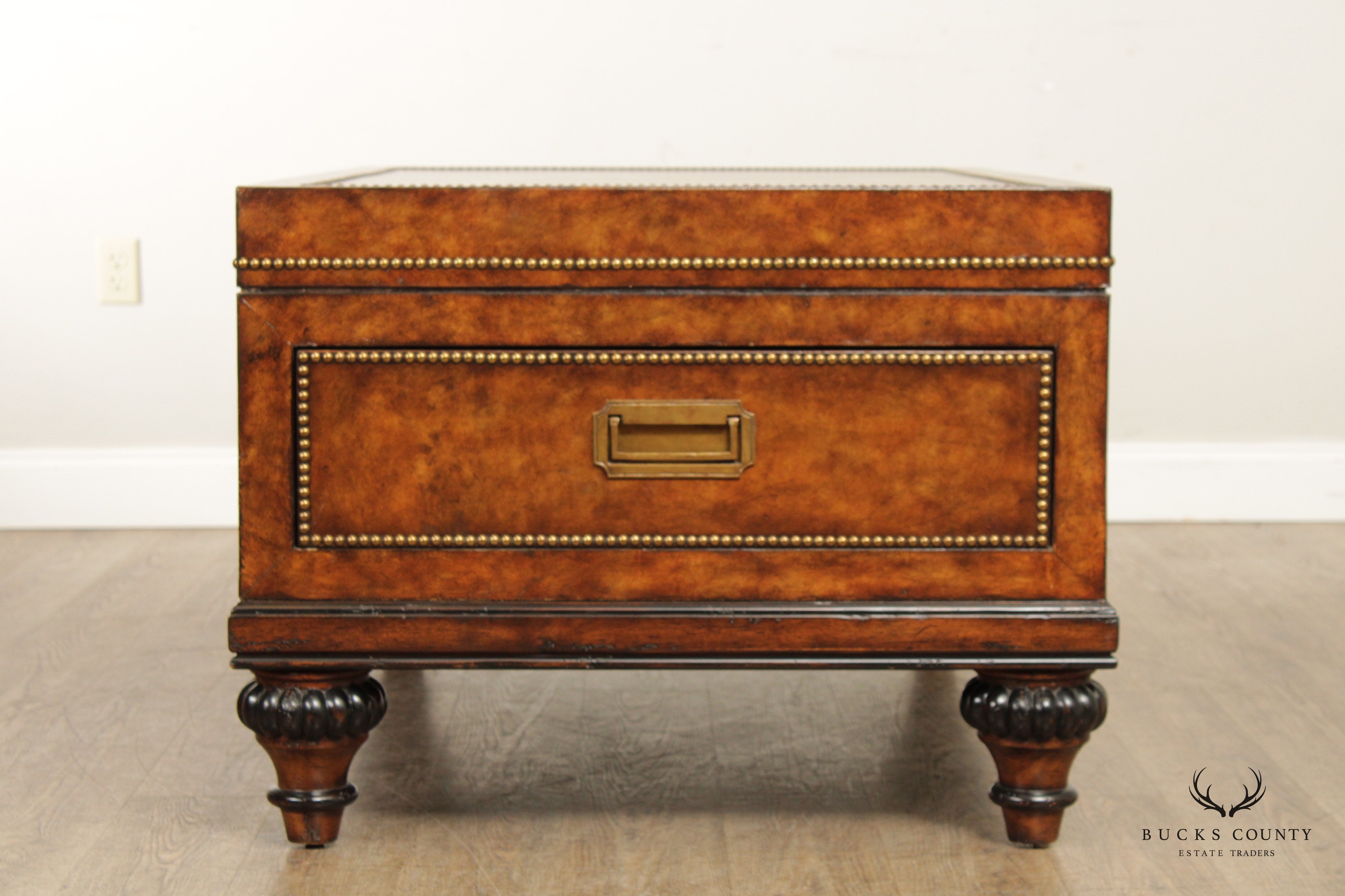 Marge Carson Campaign Style Leather Wrapped Nail Trim Coffee Table