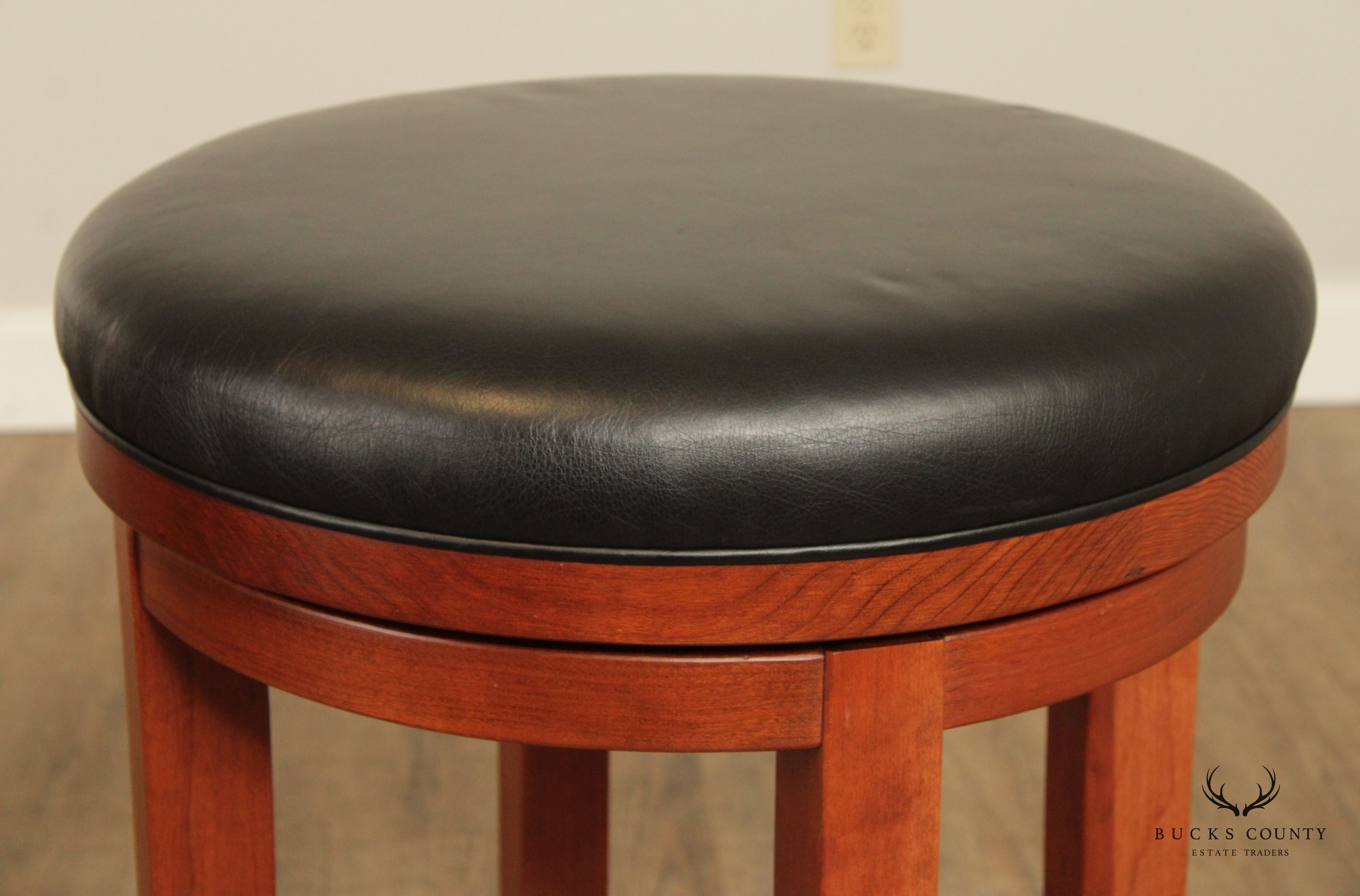 Zimmerman Chair Shop Pair of Leather Upholstered Cherry 'Milano' Swivel Bar Stools