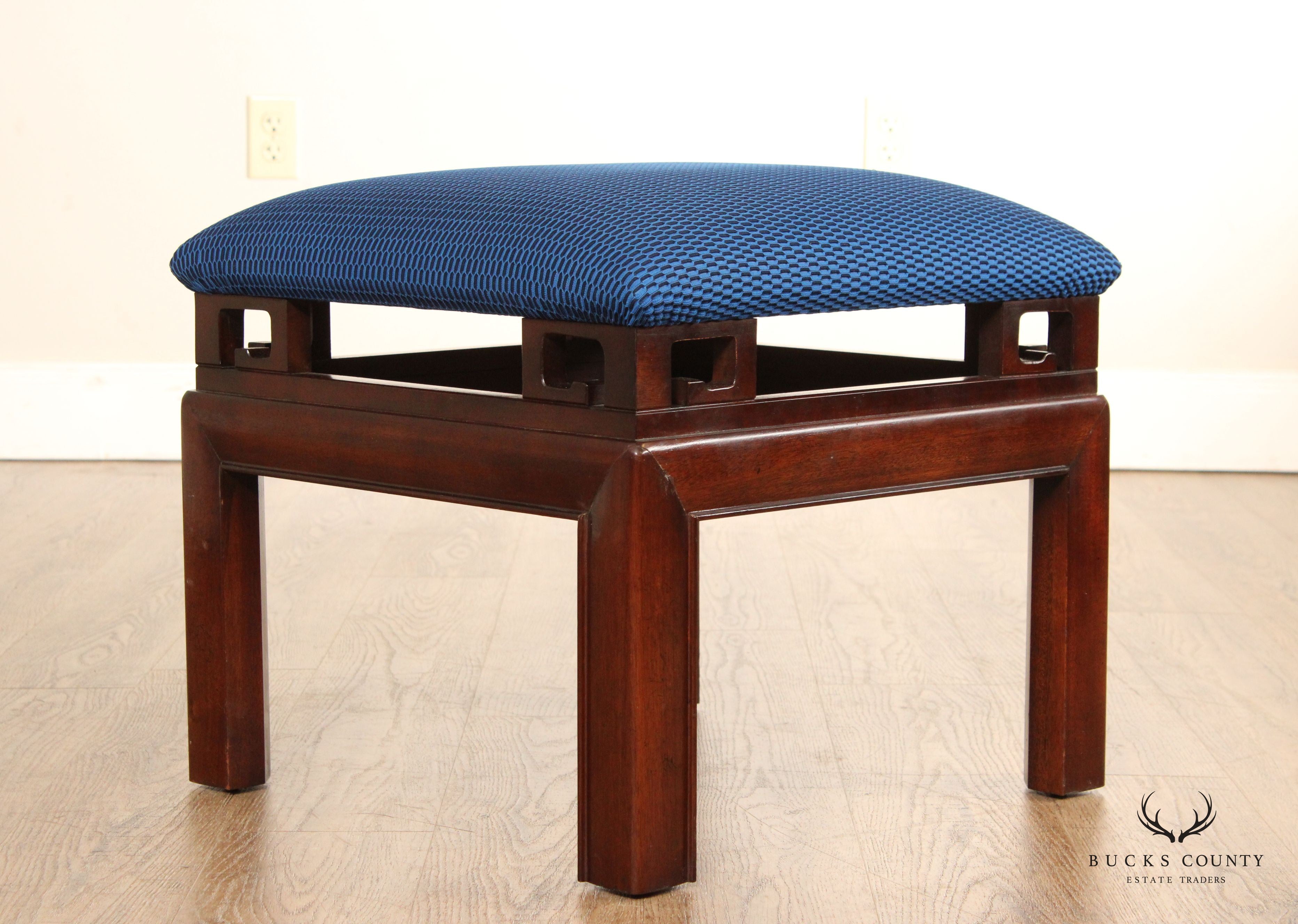 Asian Inspired Pair of Carved Mahogany Upholstered Stools