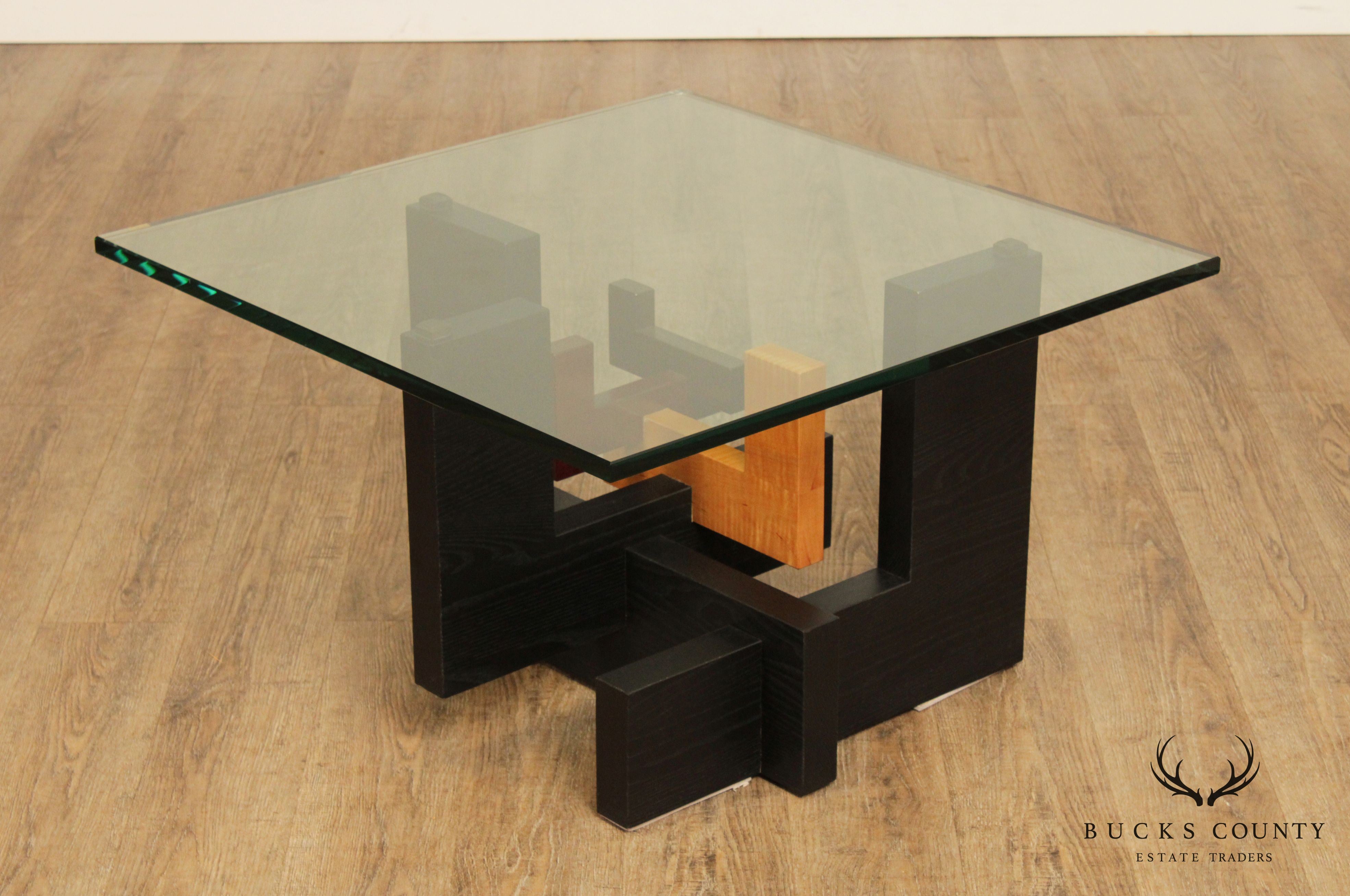 Jeffrey Greene Studio Crafted Mixed Woods Square Glass Top Coffee Table