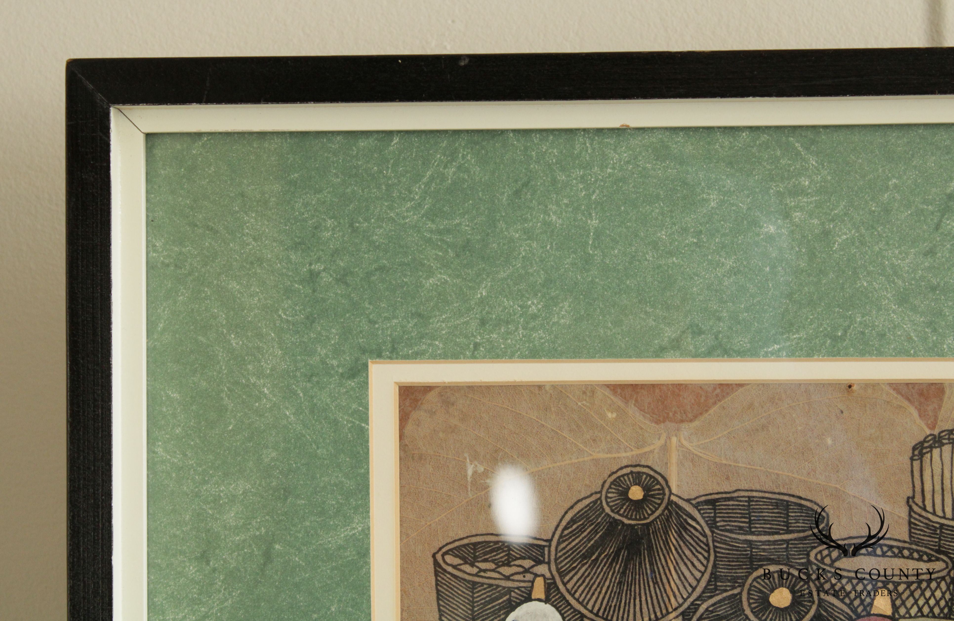 Vintage Thailand Market Original Mixed Media Drawing, Signed