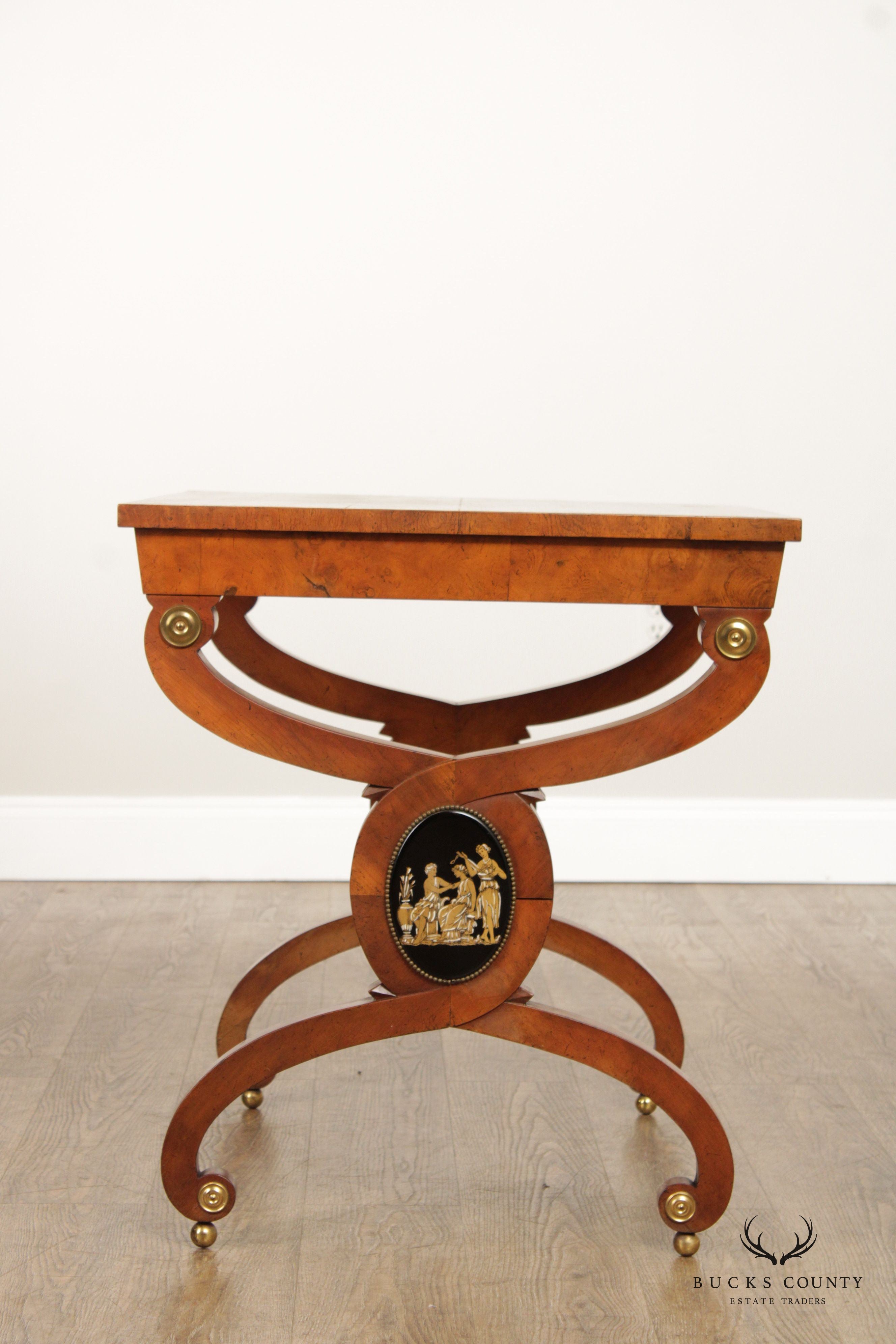 Neoclassical Style Pair of Burlwood Medallion Side Tables