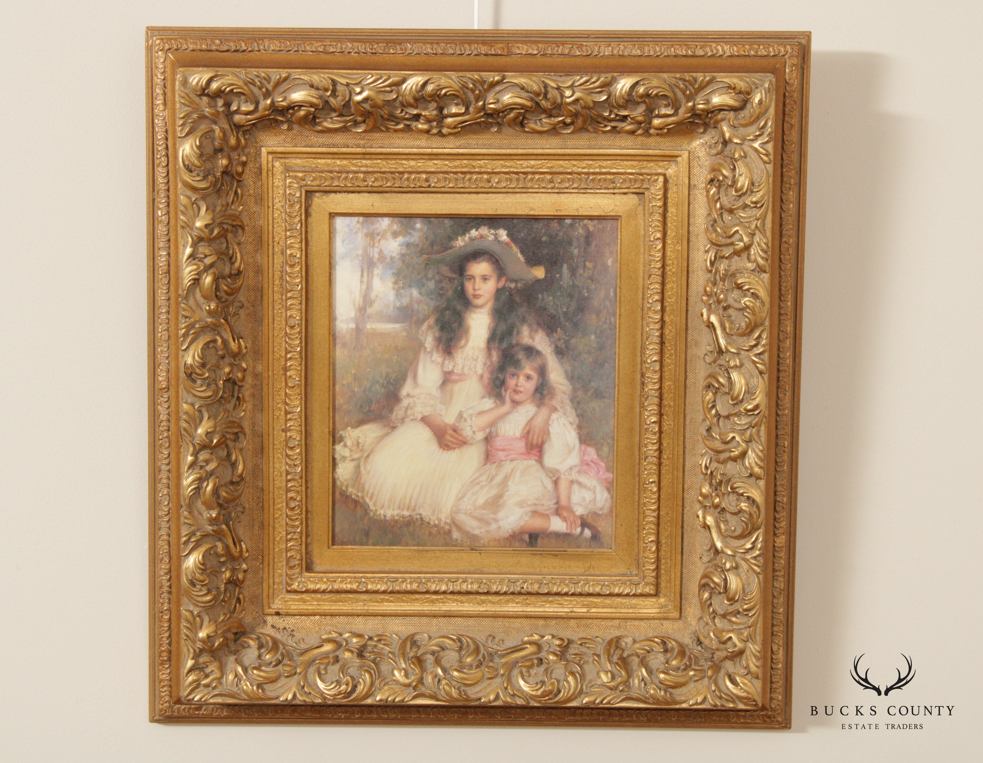 Vintage Framed Victorian Portrait of Two Sisters Fine Art Print, After Robert Edward Morrison