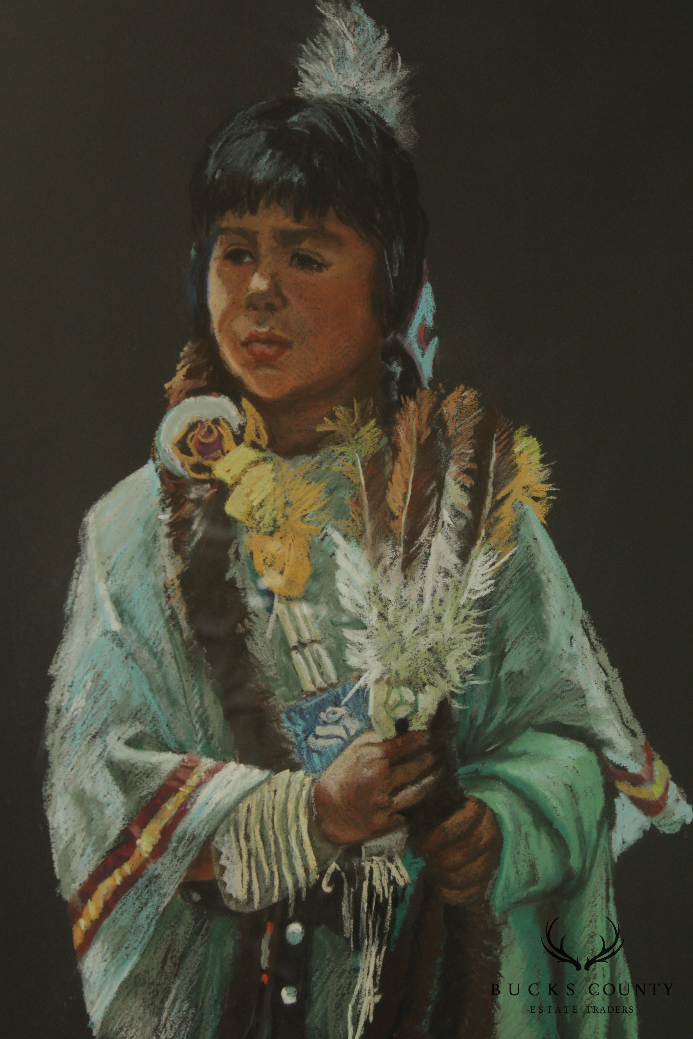 Mary Rick Pastel on Paper - Native American Girl in Pow Wow Costume