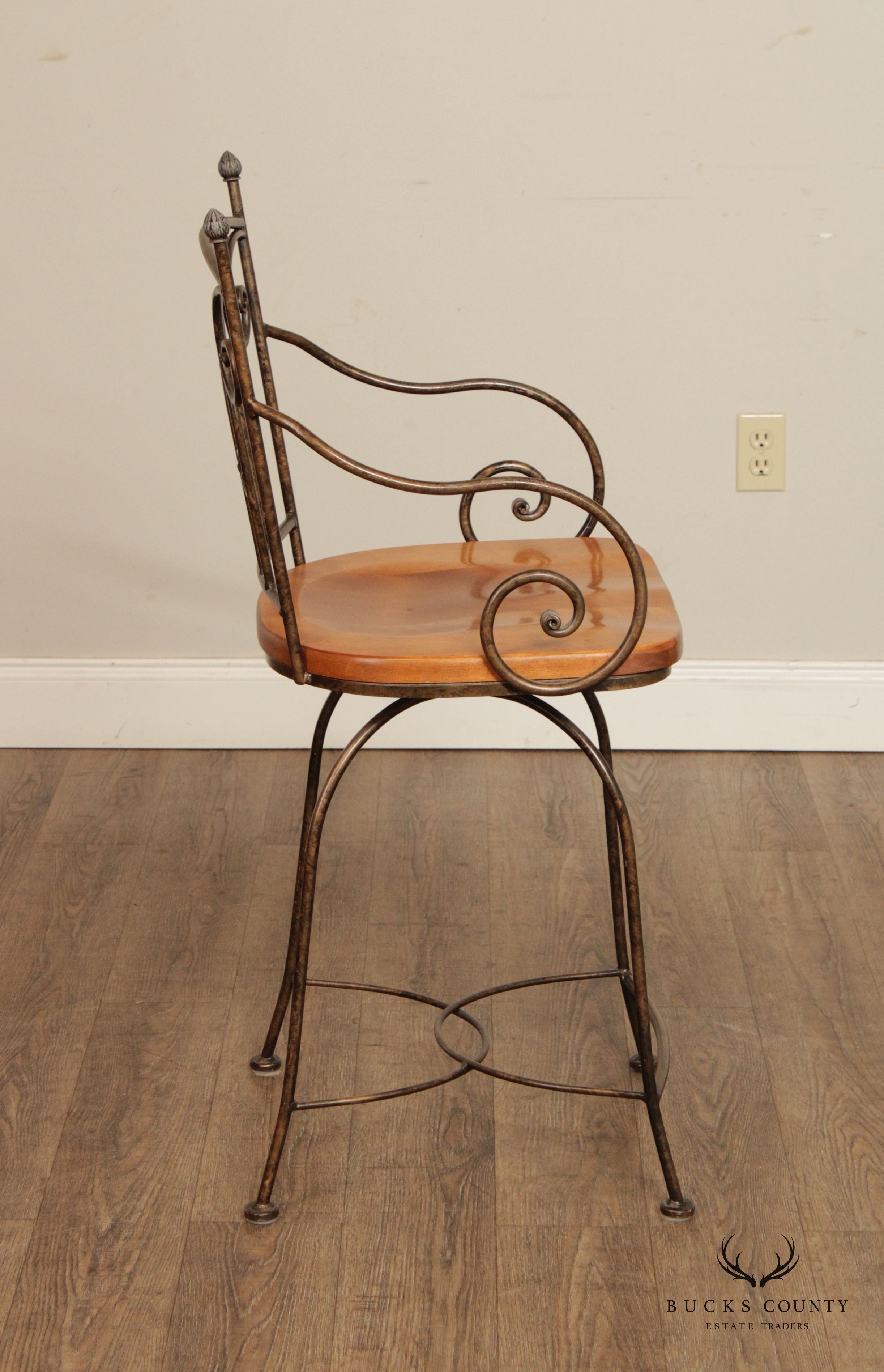 Tuscan Style Set Of 3 Wrought Iron and Wood Swivel Counter Stools