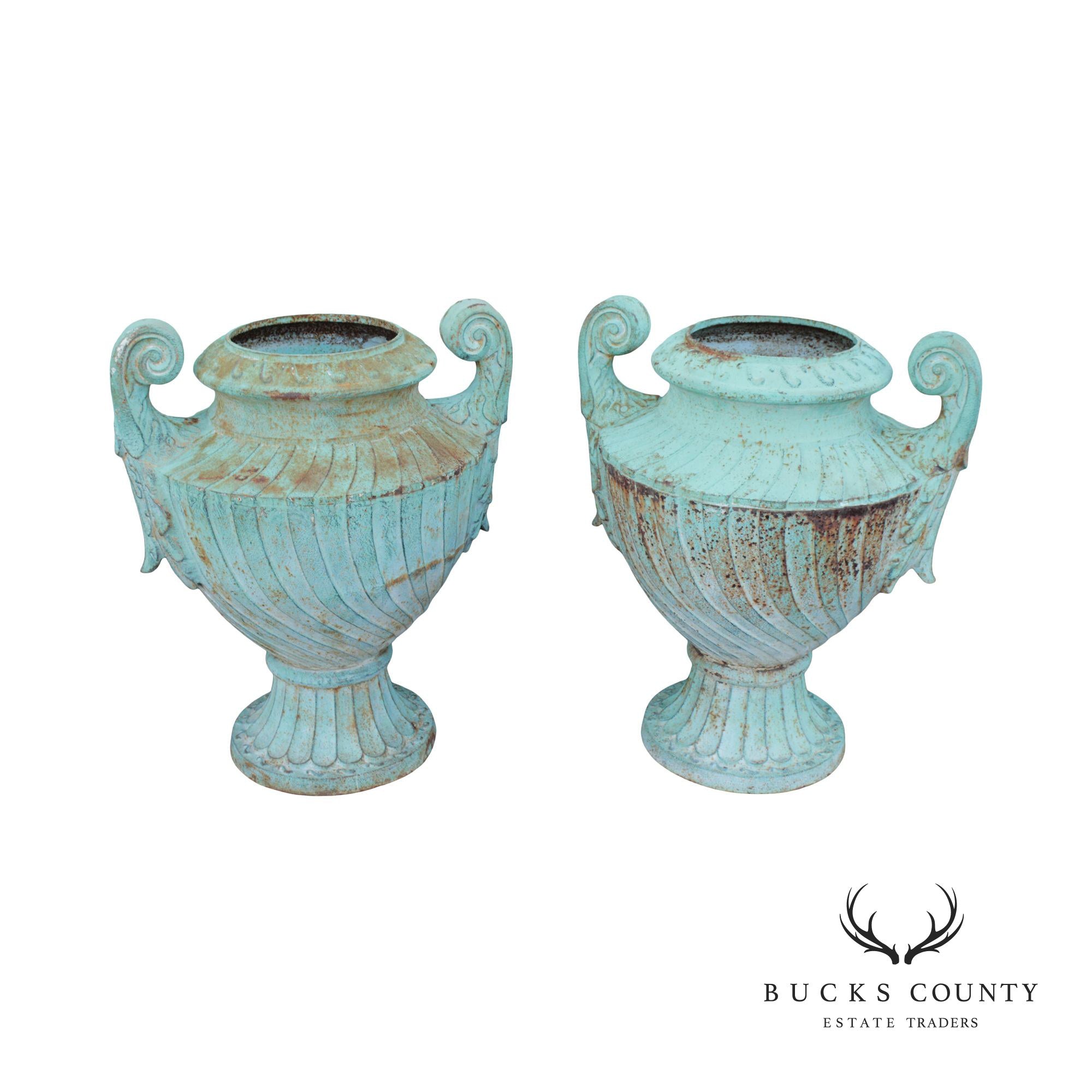 Neoclassical Style Large Pair Verdigris Cast Iron Urn Garden Planters