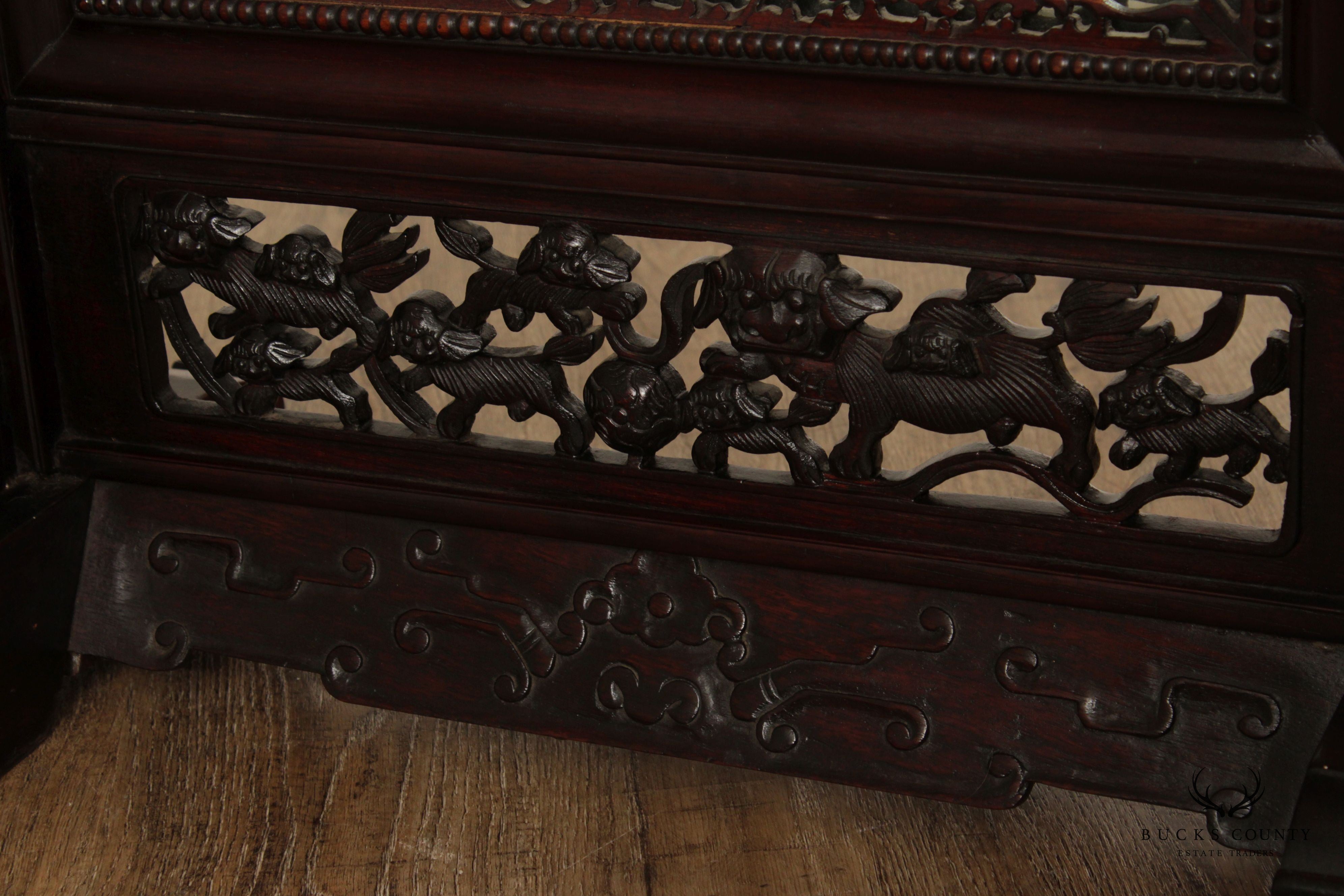 Antique Chinese Carved Hardwood Table Screen Mirror