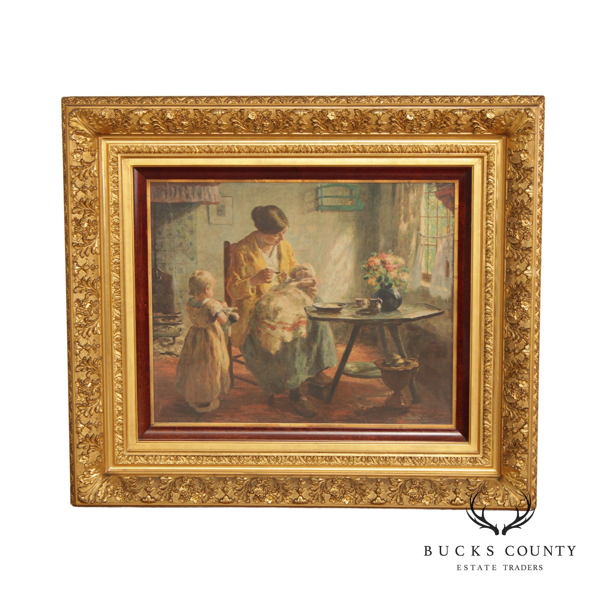 Vintage 'Mother and Children' Large Print After Evert Pieters, Custom Framed