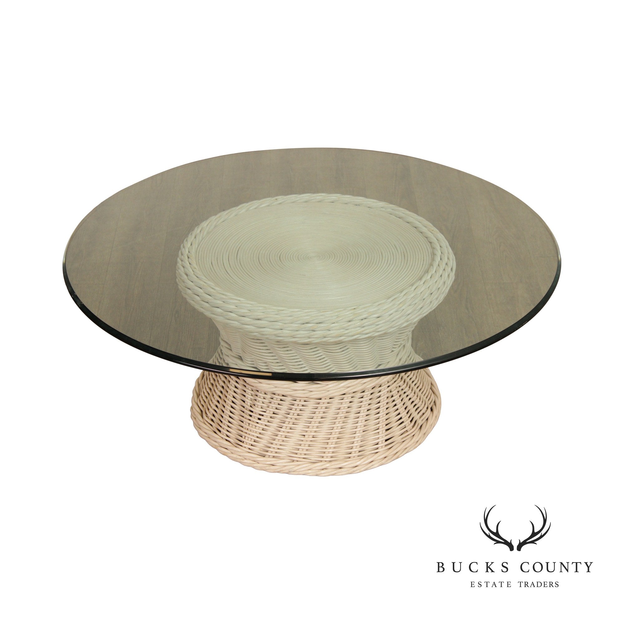 Vintage Round Wicker Rattan Glass Top Coffee Table