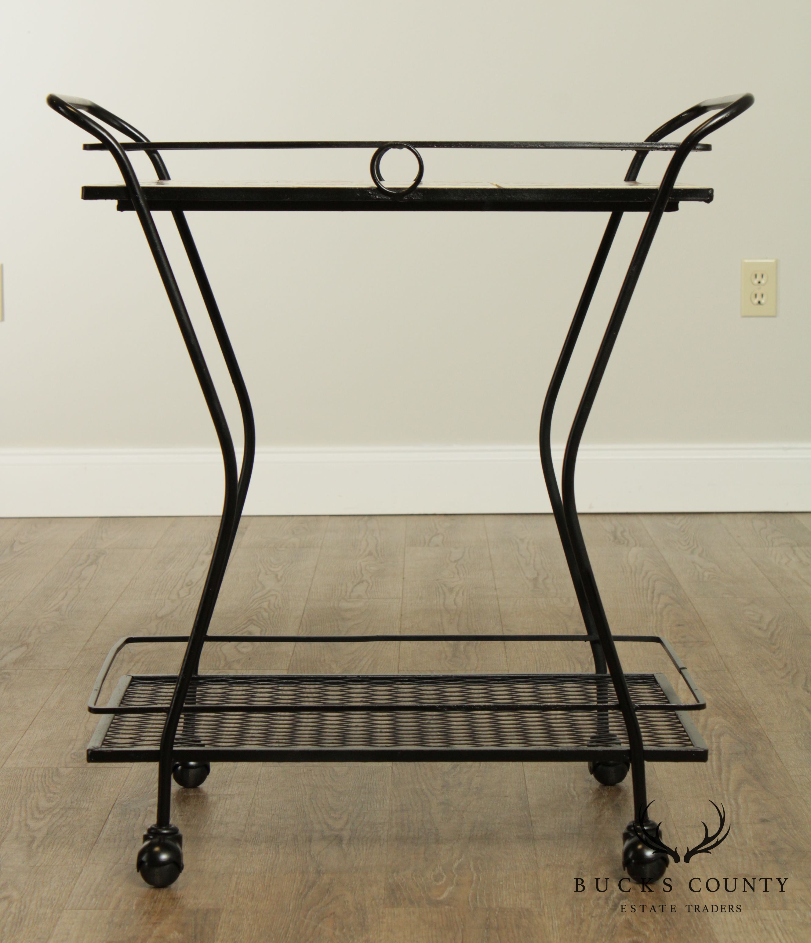 Mid-Century Modern Wrought Iron Tile Top Serving Cart, Trolly