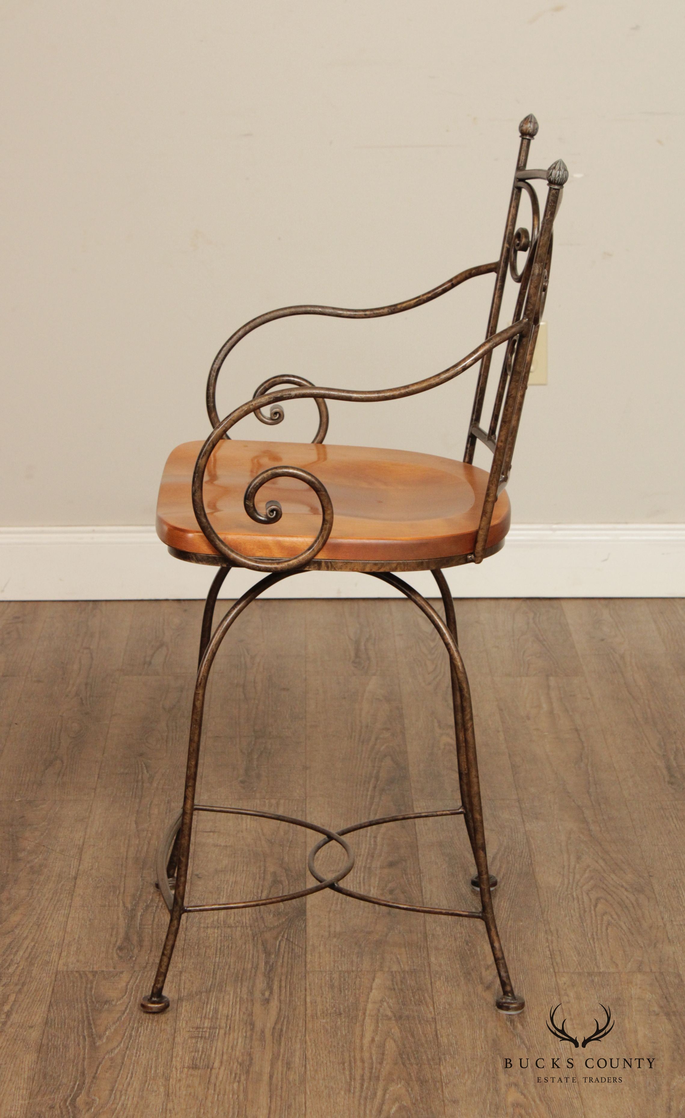 Tuscan Style Set Of 3 Wrought Iron and Wood Swivel Counter Stools
