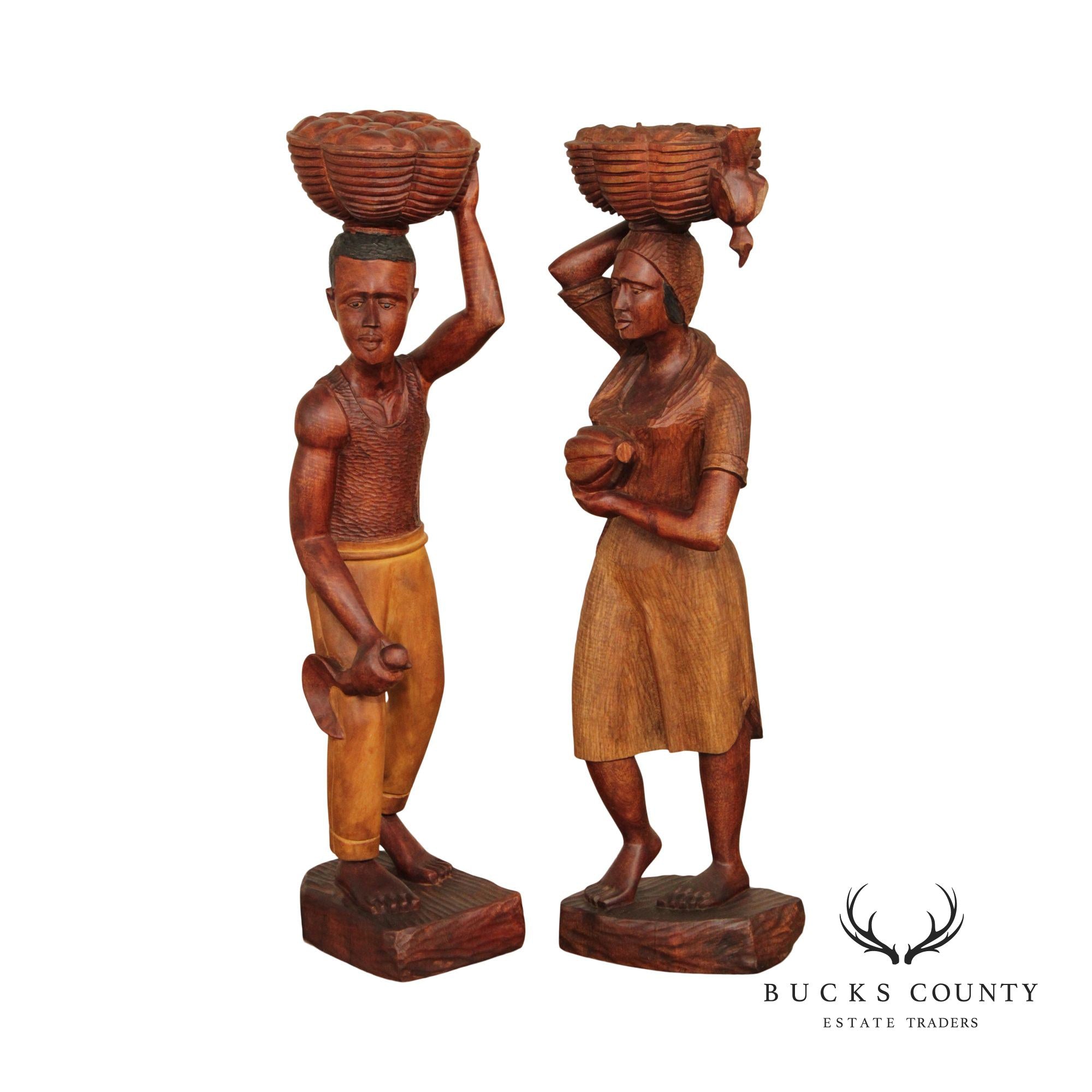 Vintage Pair Haitian Carved Wood Figural Statues, Signed