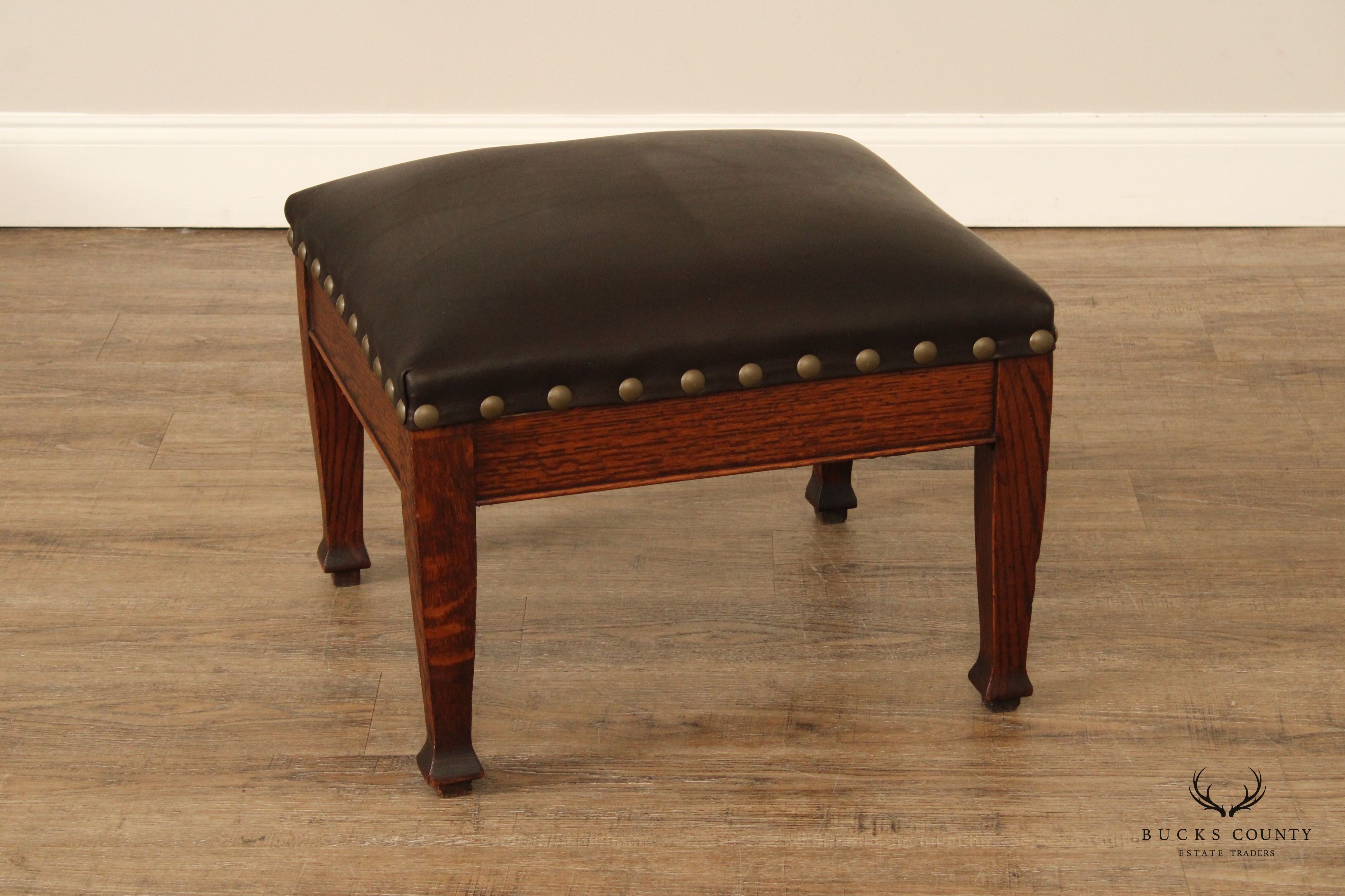 ANTIQUE MISSION OAK AND LEATHER FOOTSTOOL