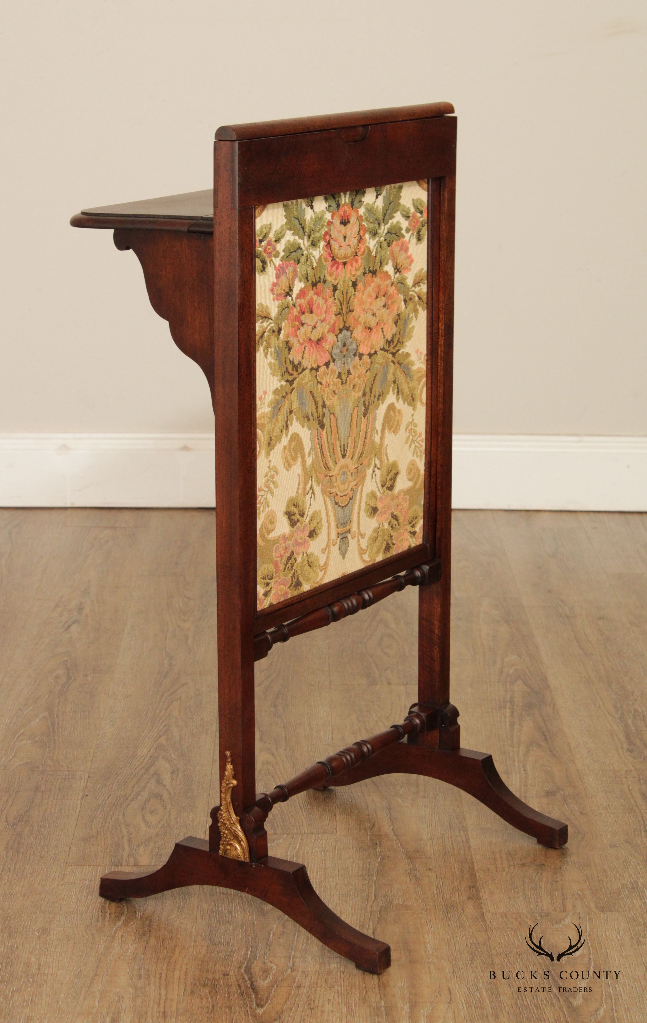 English Victorian Floral Needlepoint Fire Screen