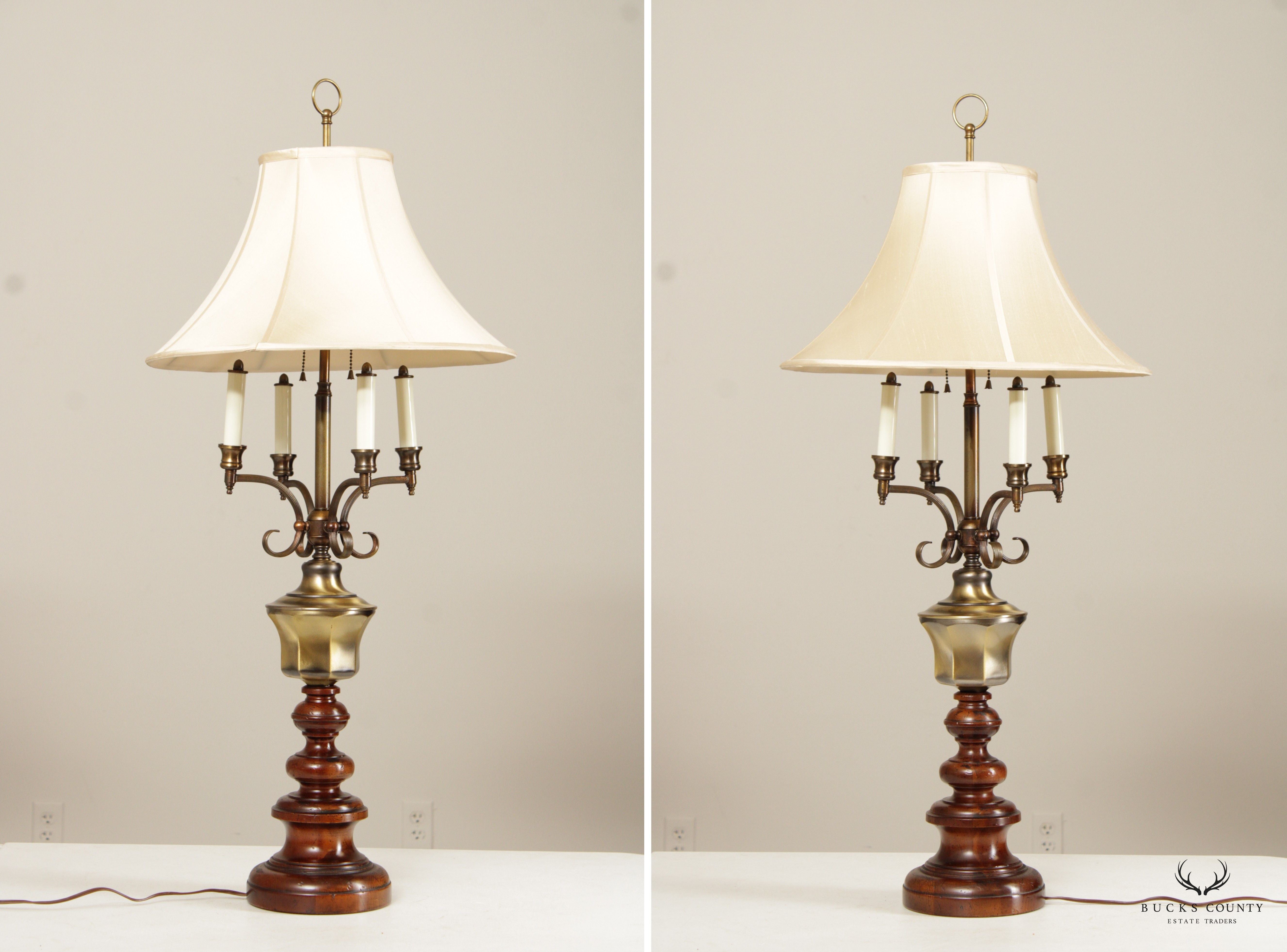 KNOB CREEK PAIR OF BRASS AND TURNED WOOD VINTAGE TABLE LAMPS
