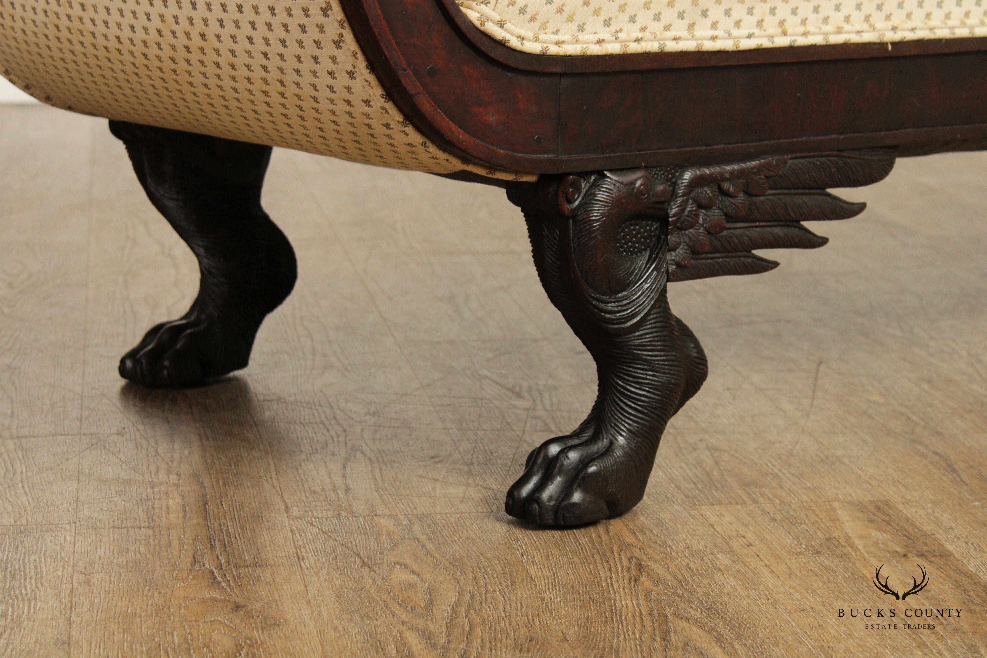 ANTIQUE AMERICAN CLASSICAL EMPIRE CARVED MAHOGANY CLAW FOOT SOFA