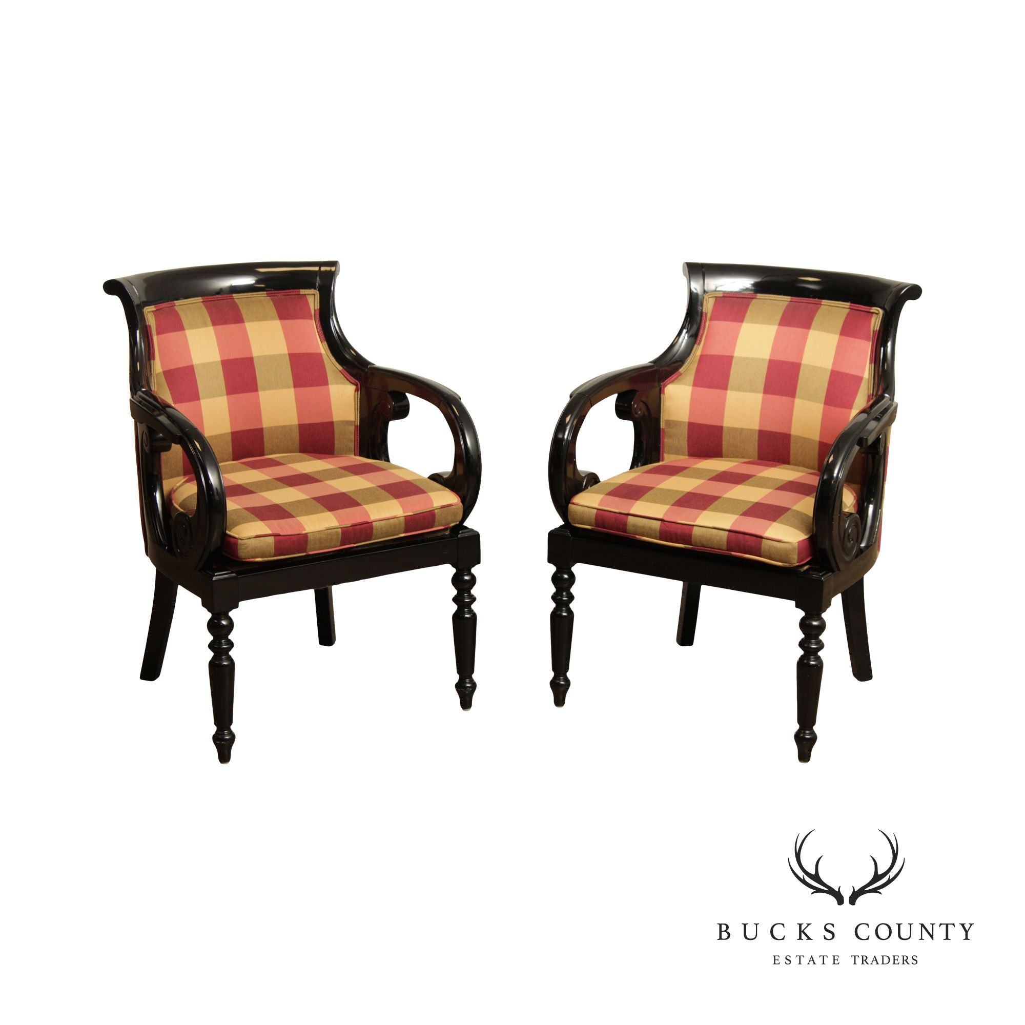 Empire Style Pair Custom Upholstered Black Lacquer Armchairs