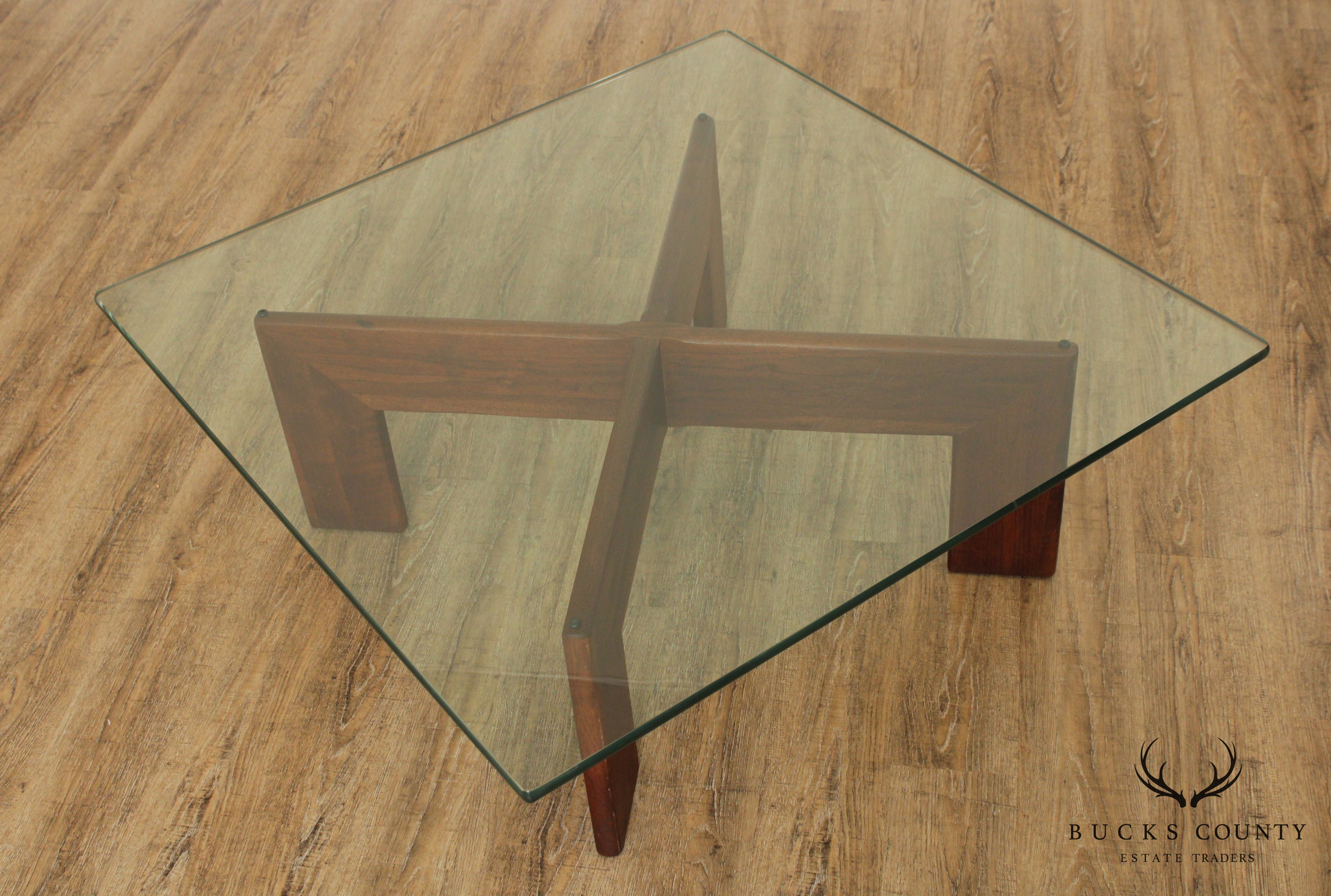Mid Century Modern Walnut Base Glass Top Coffee Table