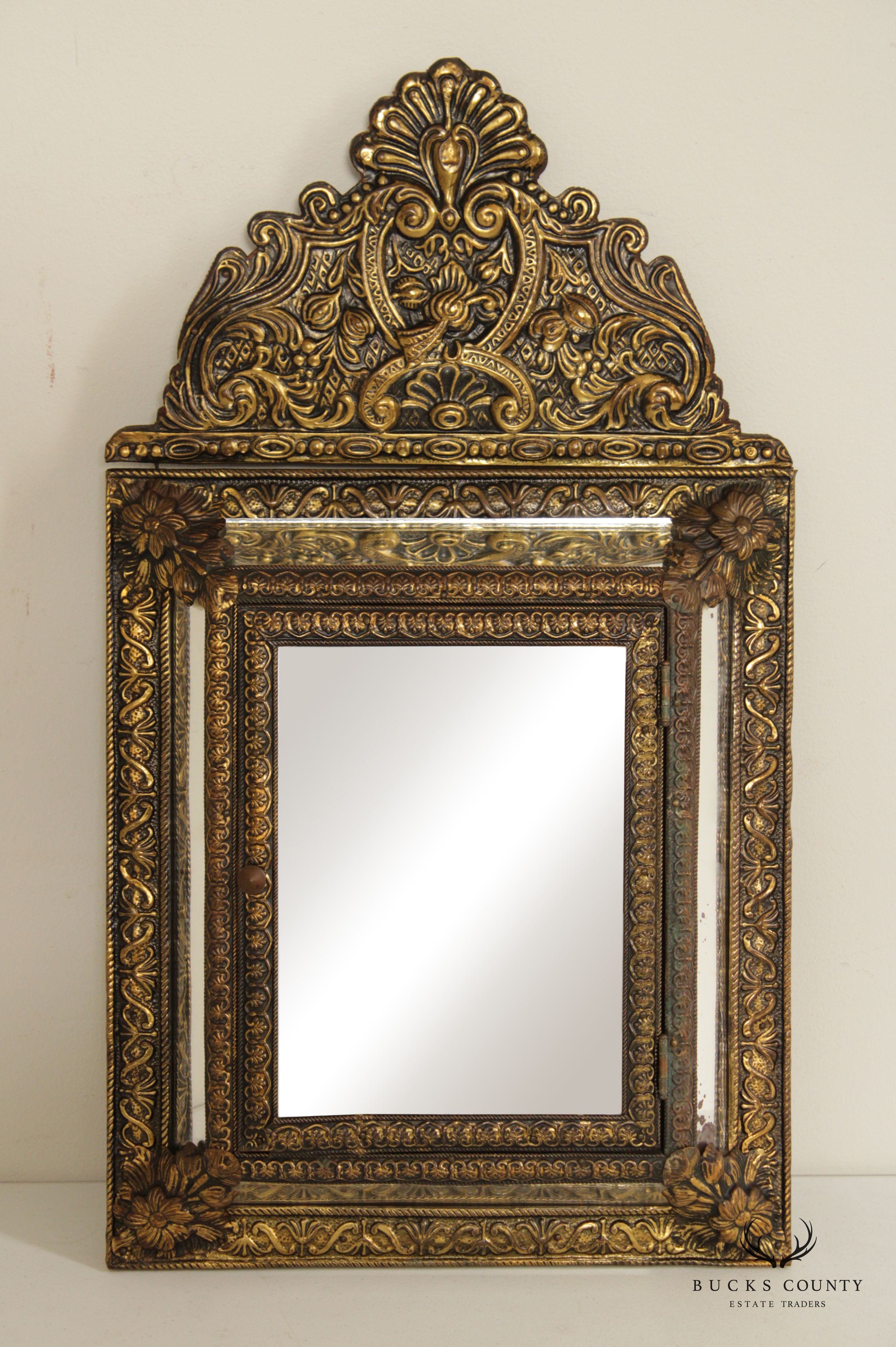 Antique French Repousse Brass Wall Mirror Cabinet