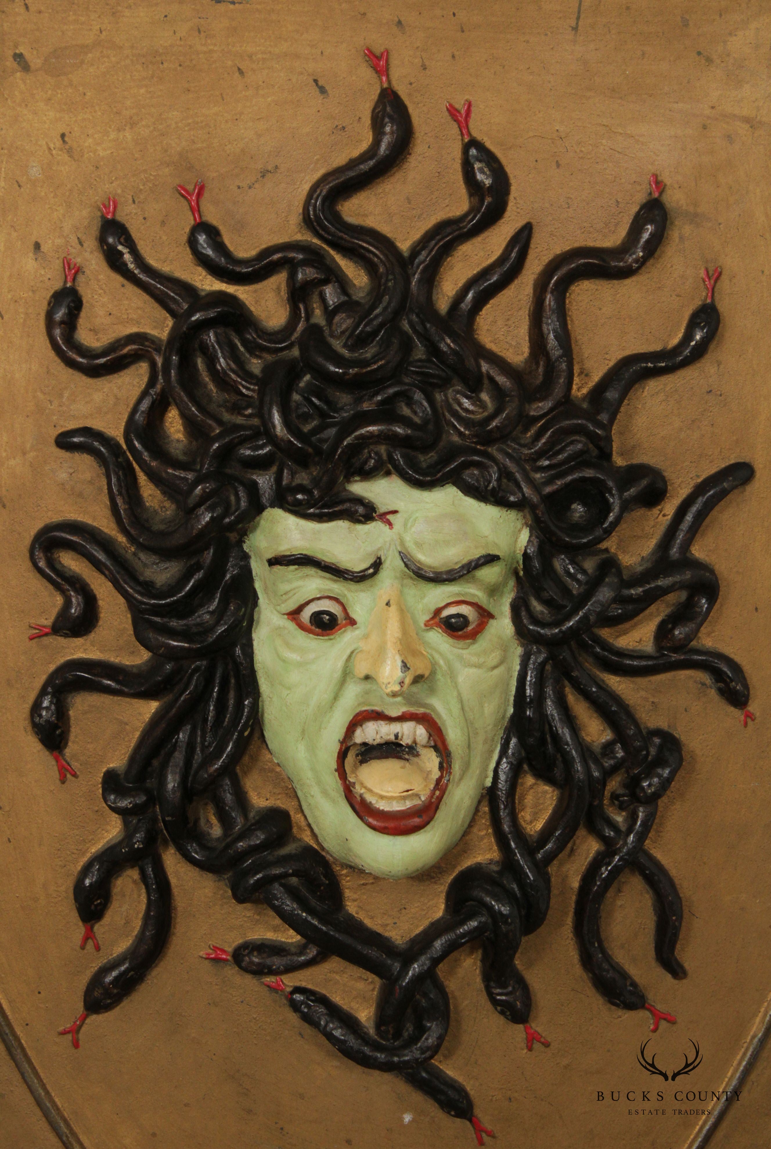 Antique Hand Painted Cast Iron Medusa Shield